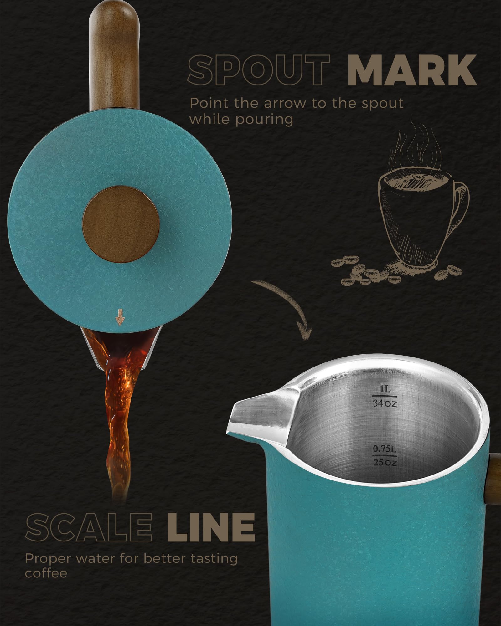 Poliviar French Press Coffee Maker - 1L Insulated Stainless Steel Cafetiere