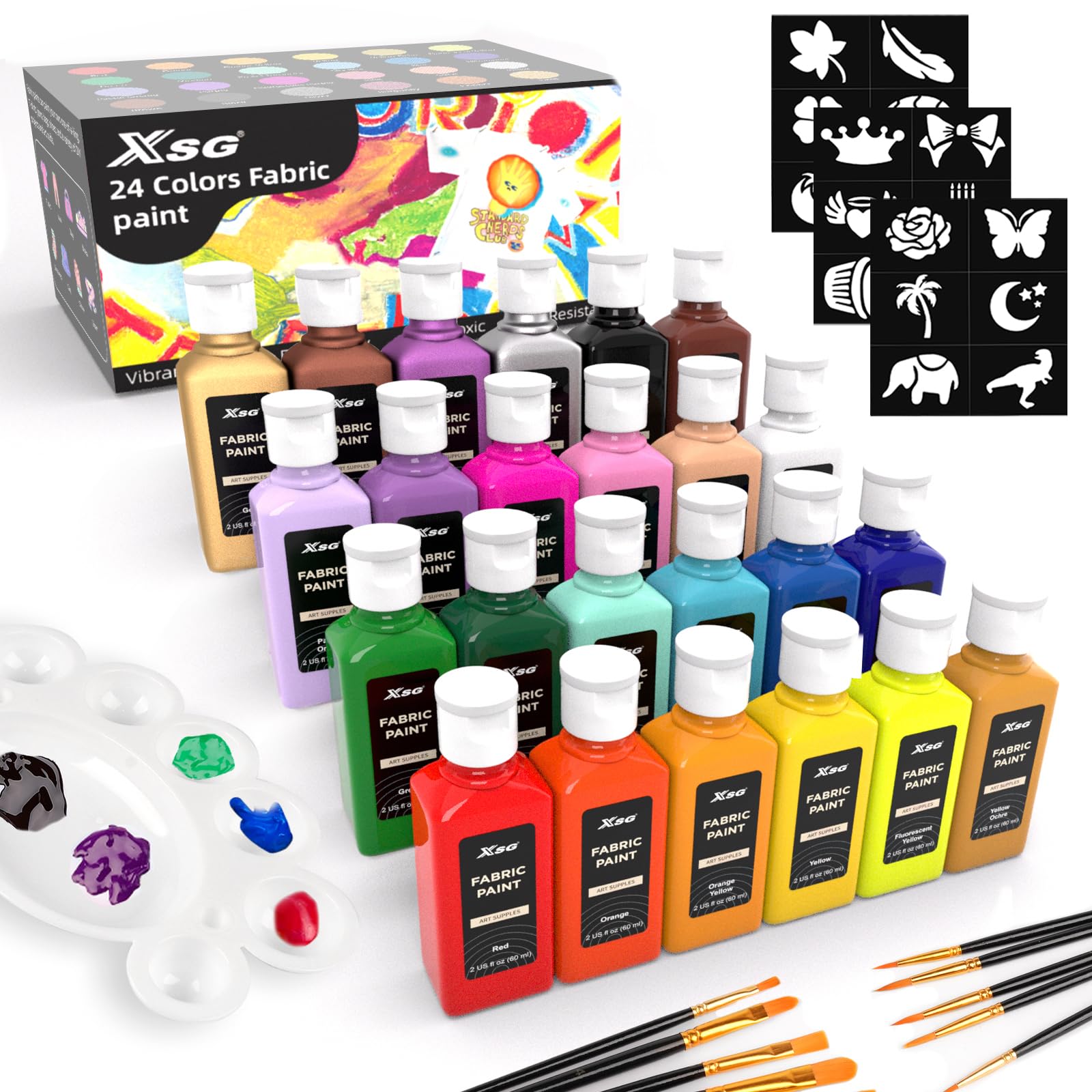 XSG 24 Color Fabric Paint Set | Permanent Textile Acrylics for Clothes