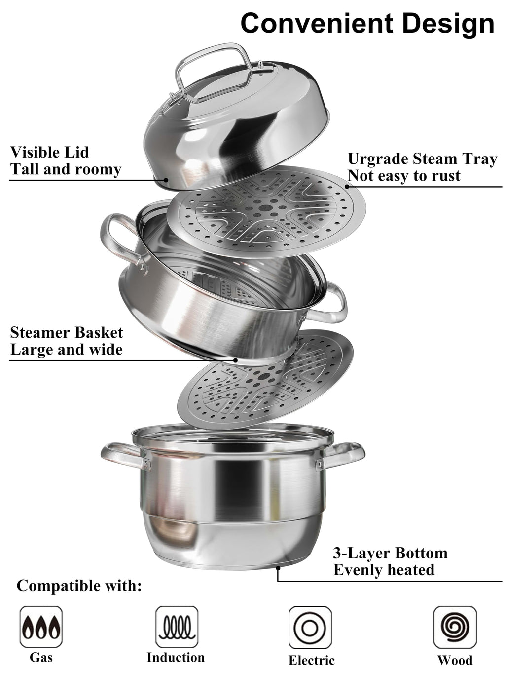 VENTION 3-Tier Stainless Steel Steamer Pot | 34cm Induction Hob Cookware