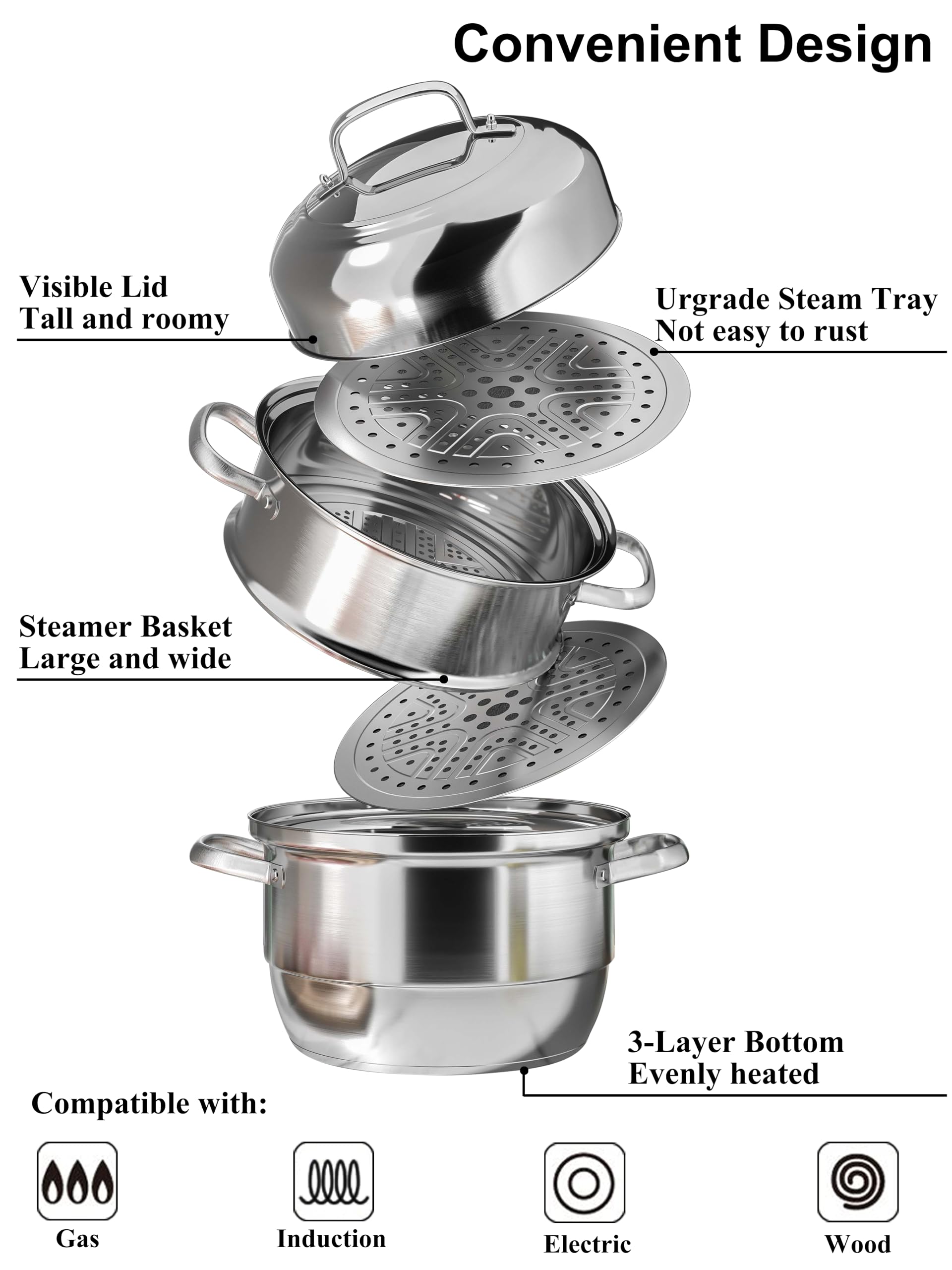 VENTION 3-Tier Stainless Steel Steamer Pot | 34cm Induction Hob Cookware
