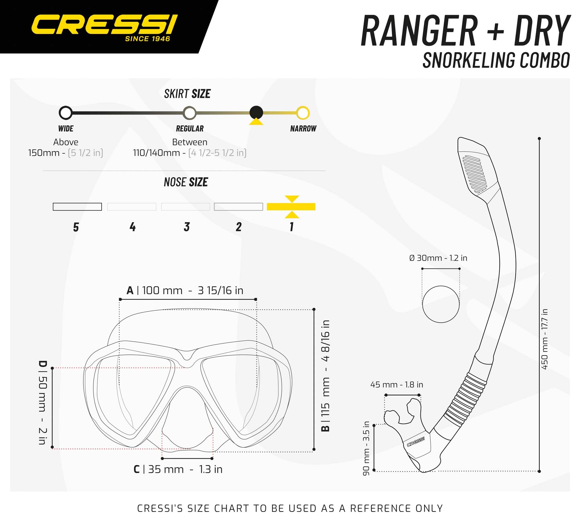 Cressi Ranger & Dry Snorkel Set - Adult Mask with Tempered Glass, Black