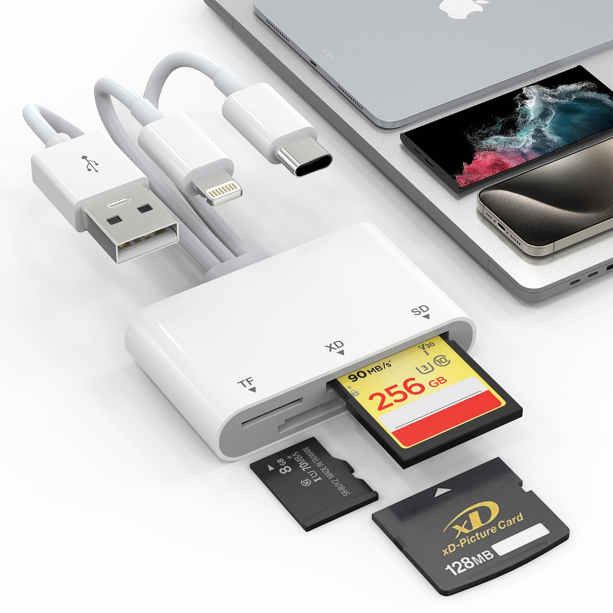 3-in-1 XD/SD/TF Card Reader for iPhone, USB-C & Lightning