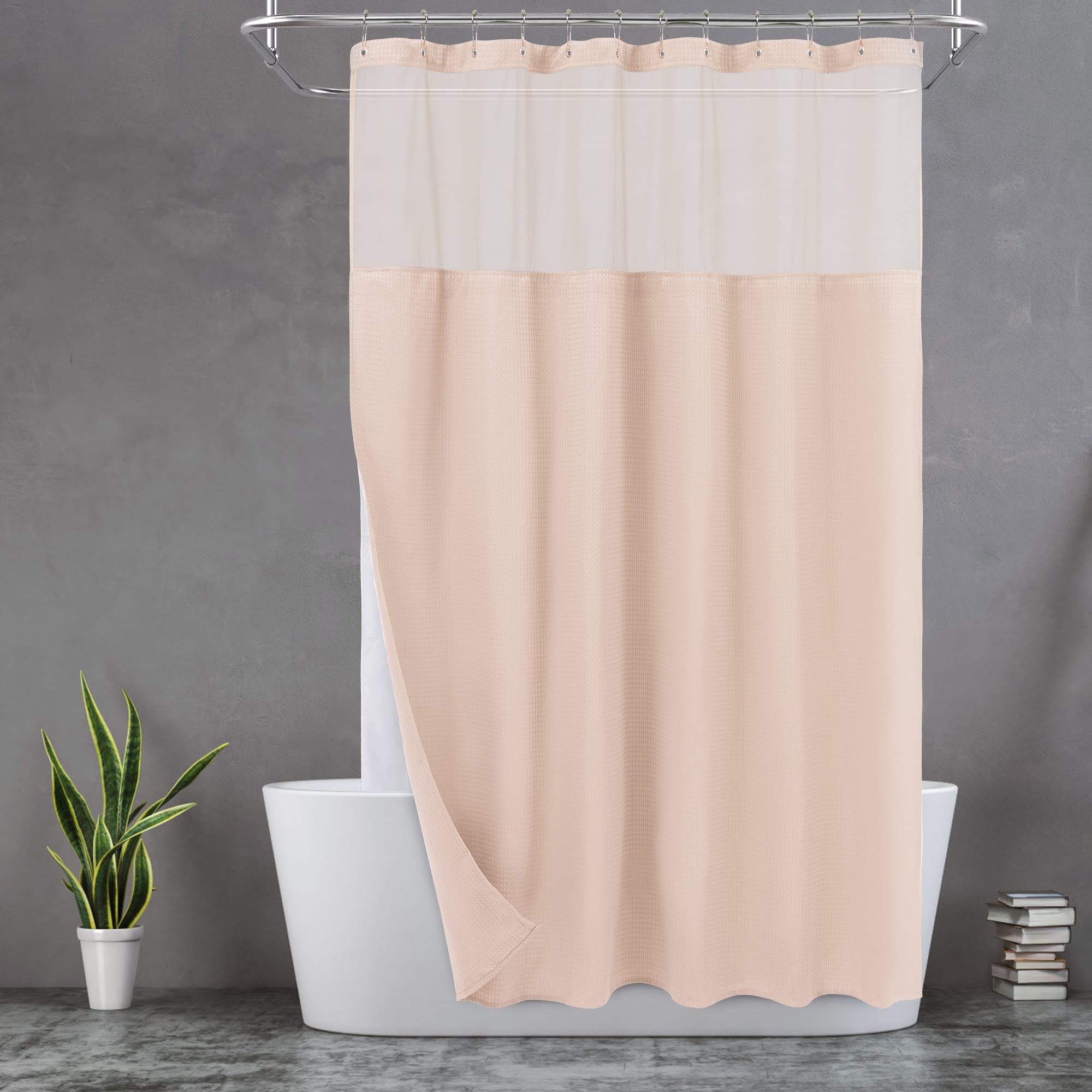 Jolof Store Pink Waffle Weave Shower Curtain with Snap-in Liner & Hooks