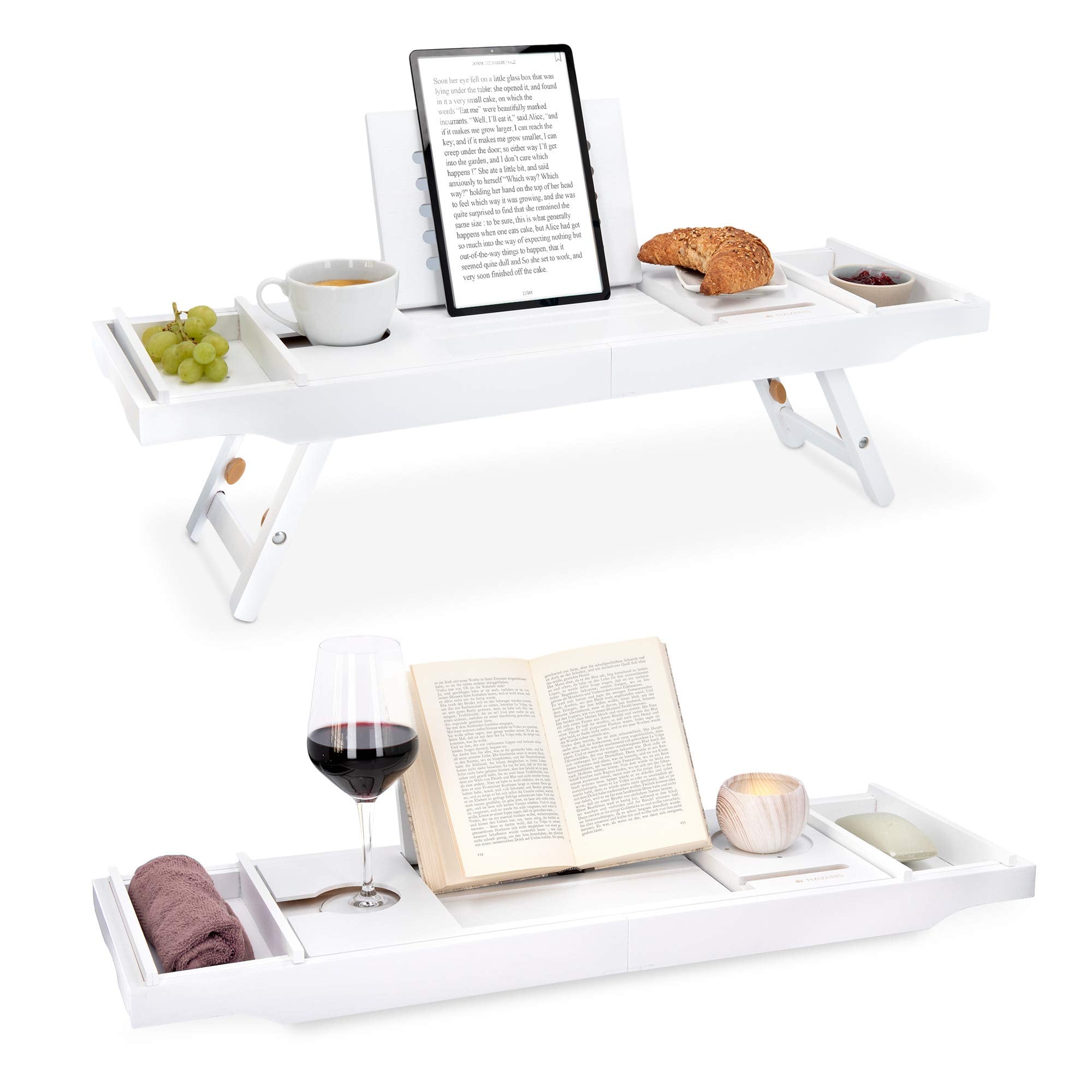 Navaris Bamboo Bathtub Caddy Tray – Folding Bed Table with Stand, White