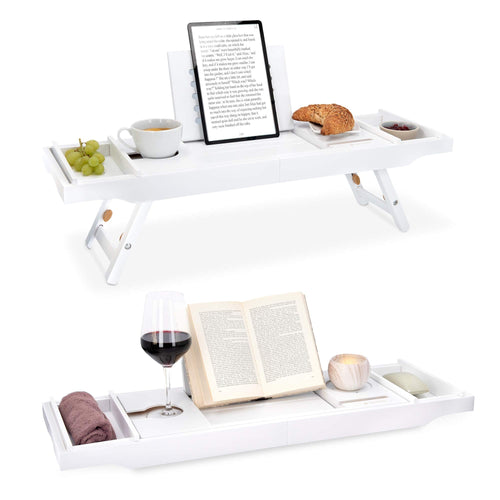 Navaris Bamboo Bathtub Caddy Tray – Folding Bed Table with Stand, White