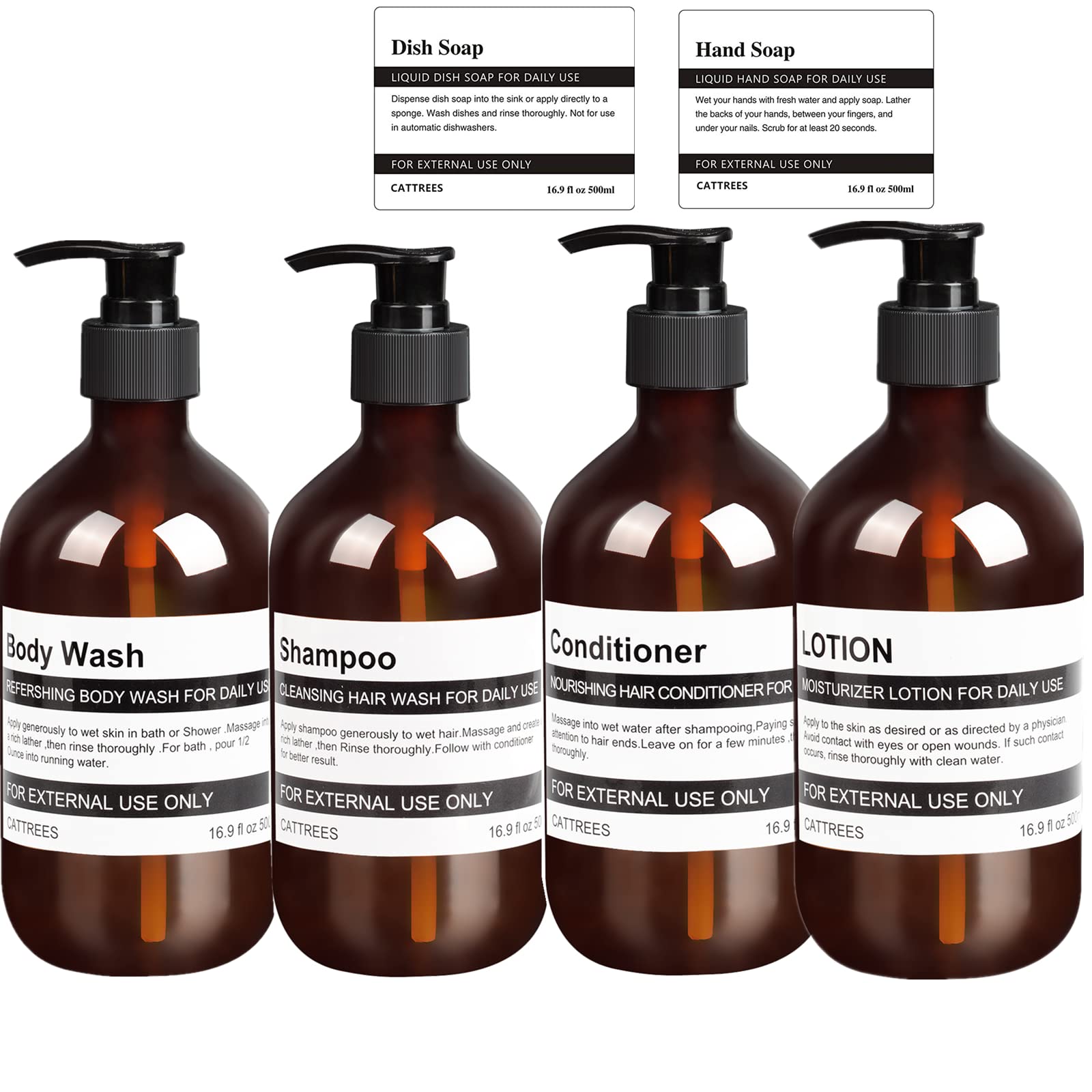 CATTREES 4 Pack Amber Soap Dispenser Bottles - 16oz Plastic with Labels
