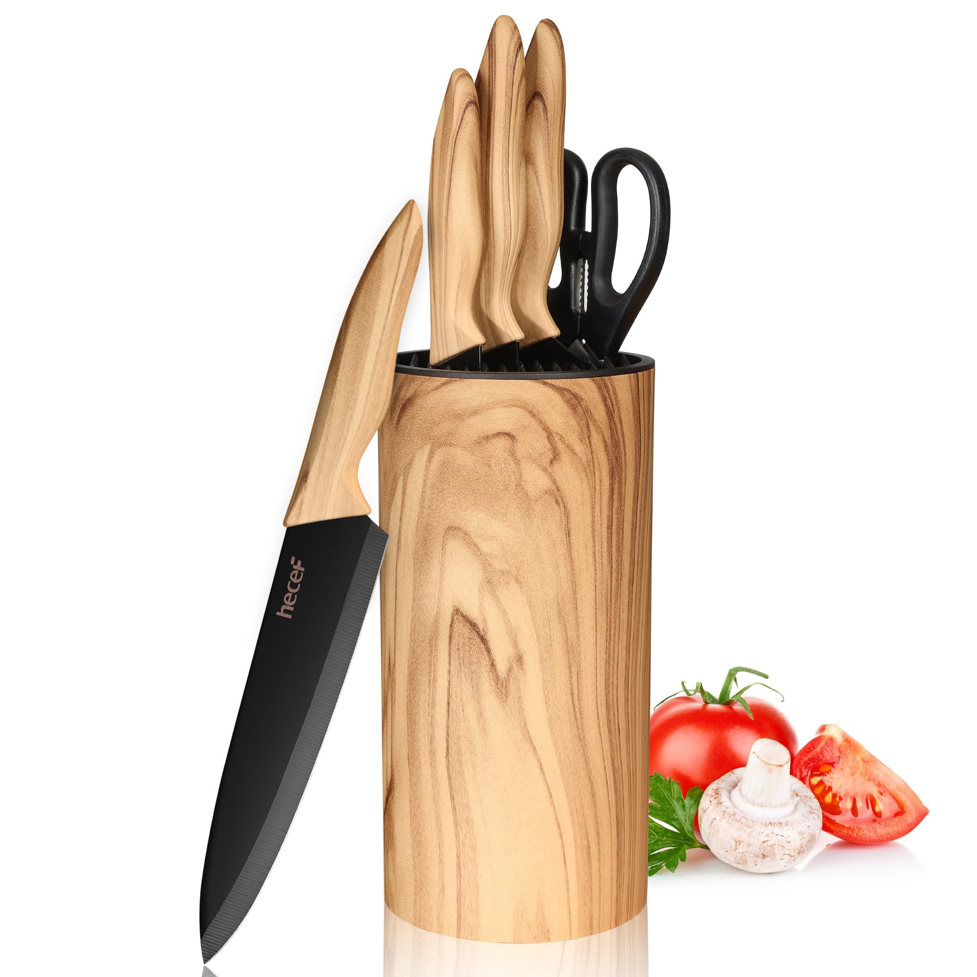hecef 6-Piece Stainless Steel Kitchen Knife Set with Olive Wood Handle