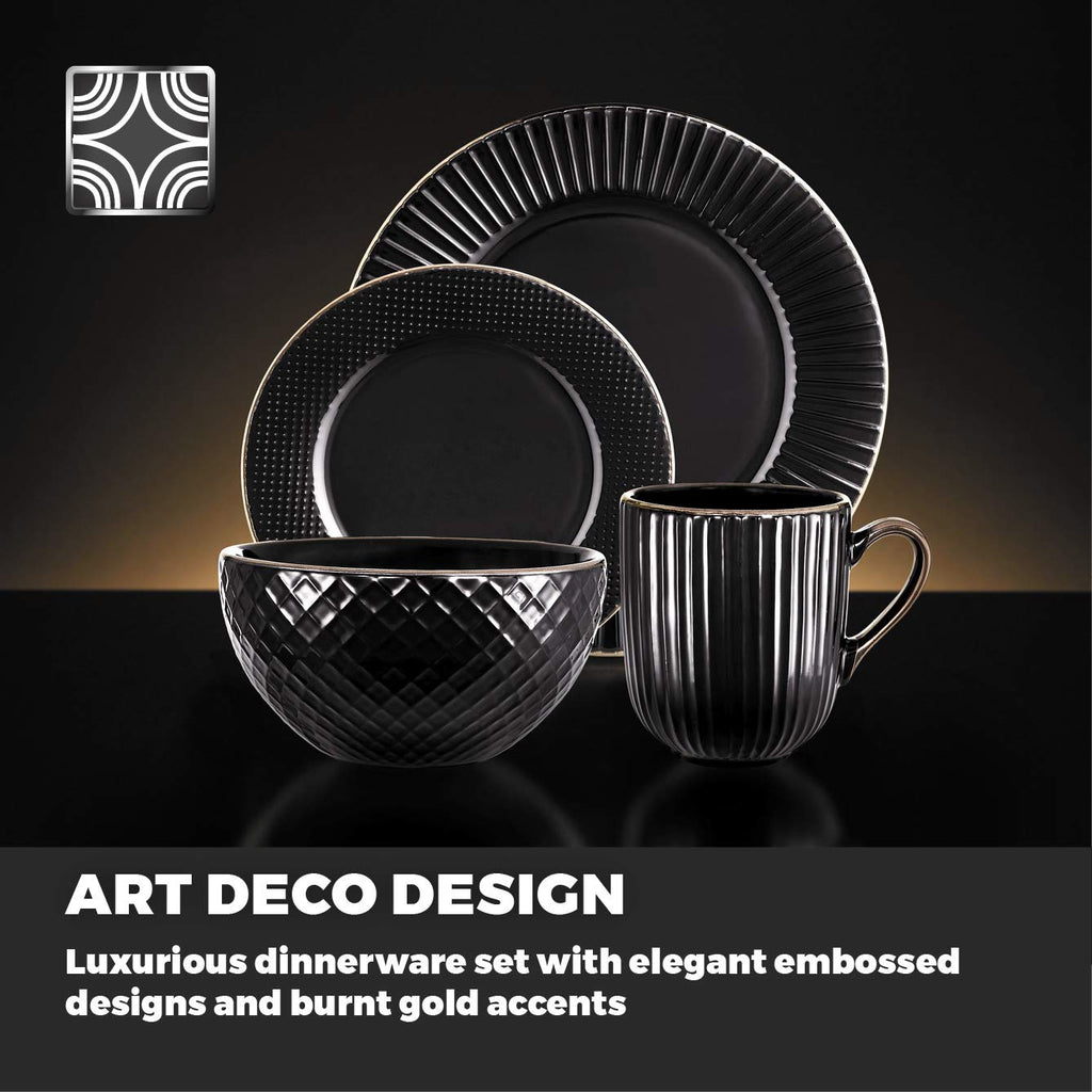 Tower Empire 16 Piece Dinnerware Set | Art Deco Stoneware - Black & Brass