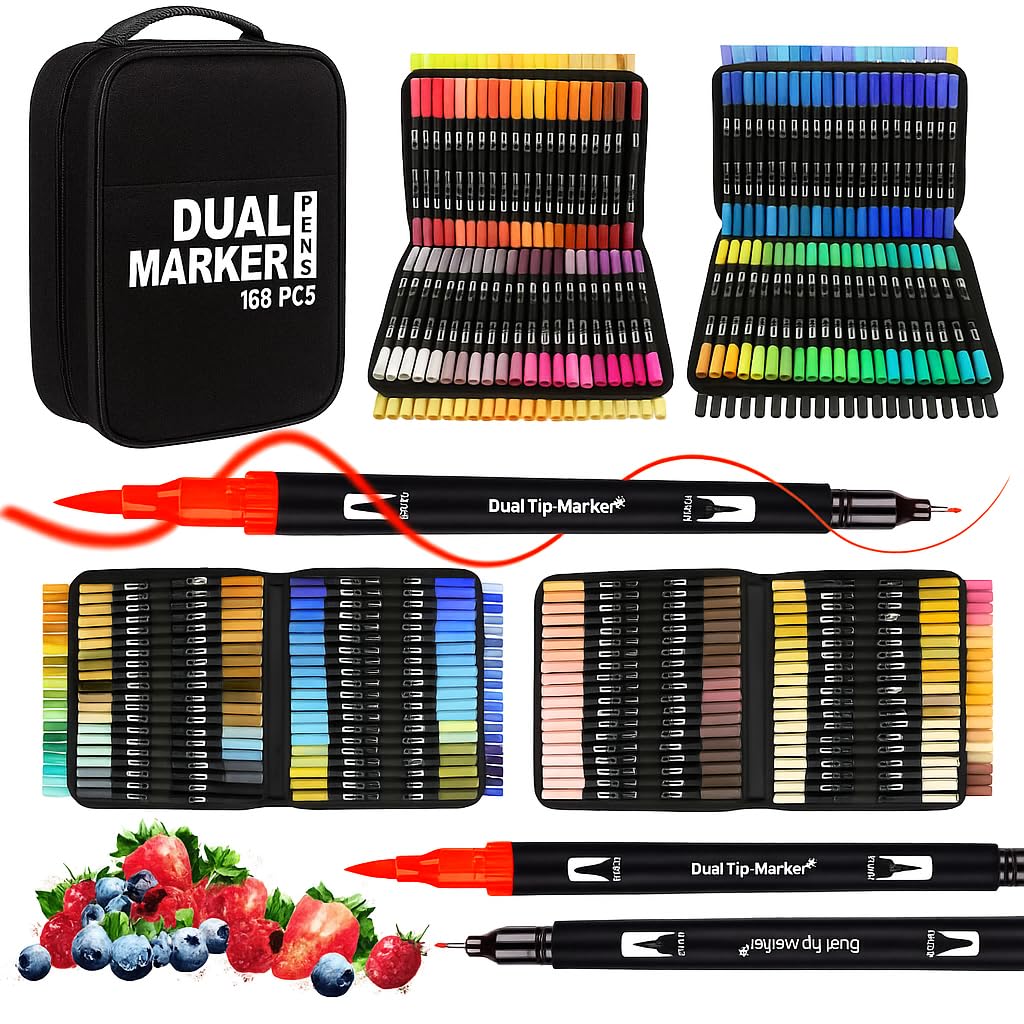 VAKKI 168 Dual Tip Colouring Pens | Water-Based Art Brush Markers