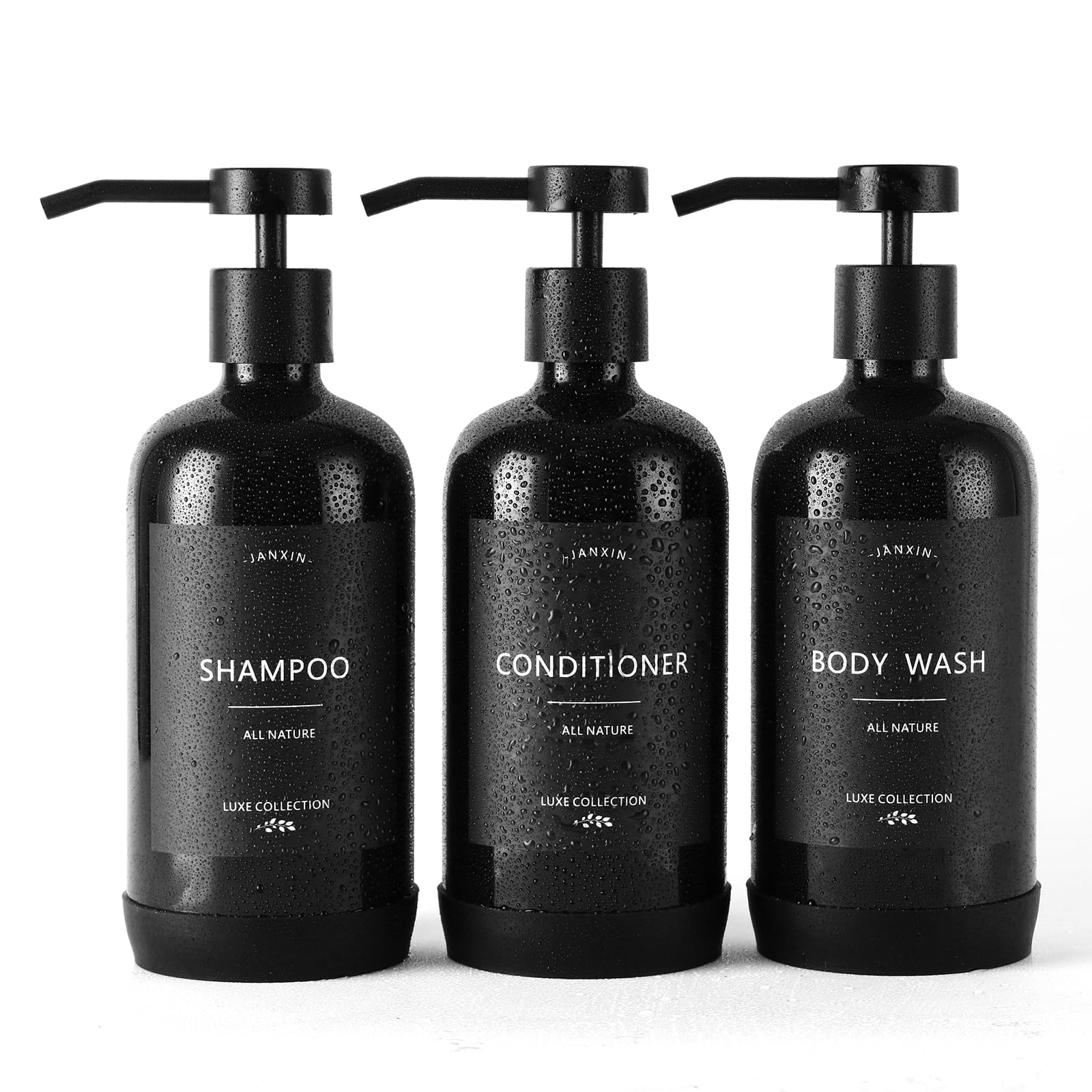 Janxin 3-Pack Refillable Shampoo Bottles | 600ml Shower Dispenser - Black