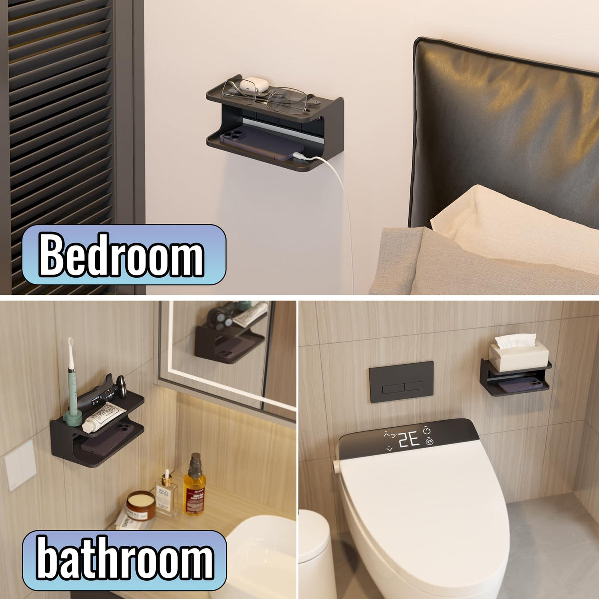 sciuU 2-Layer Structure Bedside Wall Shelf Organizer - Universal Wall Mount - image 2