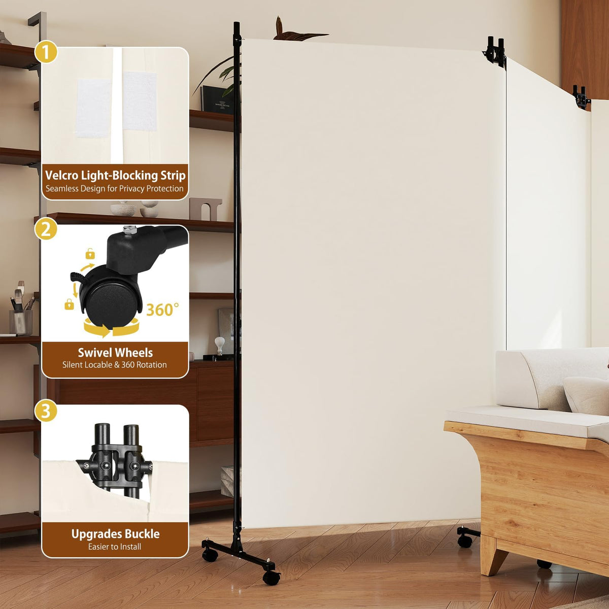 HIDODO 3 Panel Upgraded Room Divider with Wheels, 261cm W x 183cm H, Beige - image 3