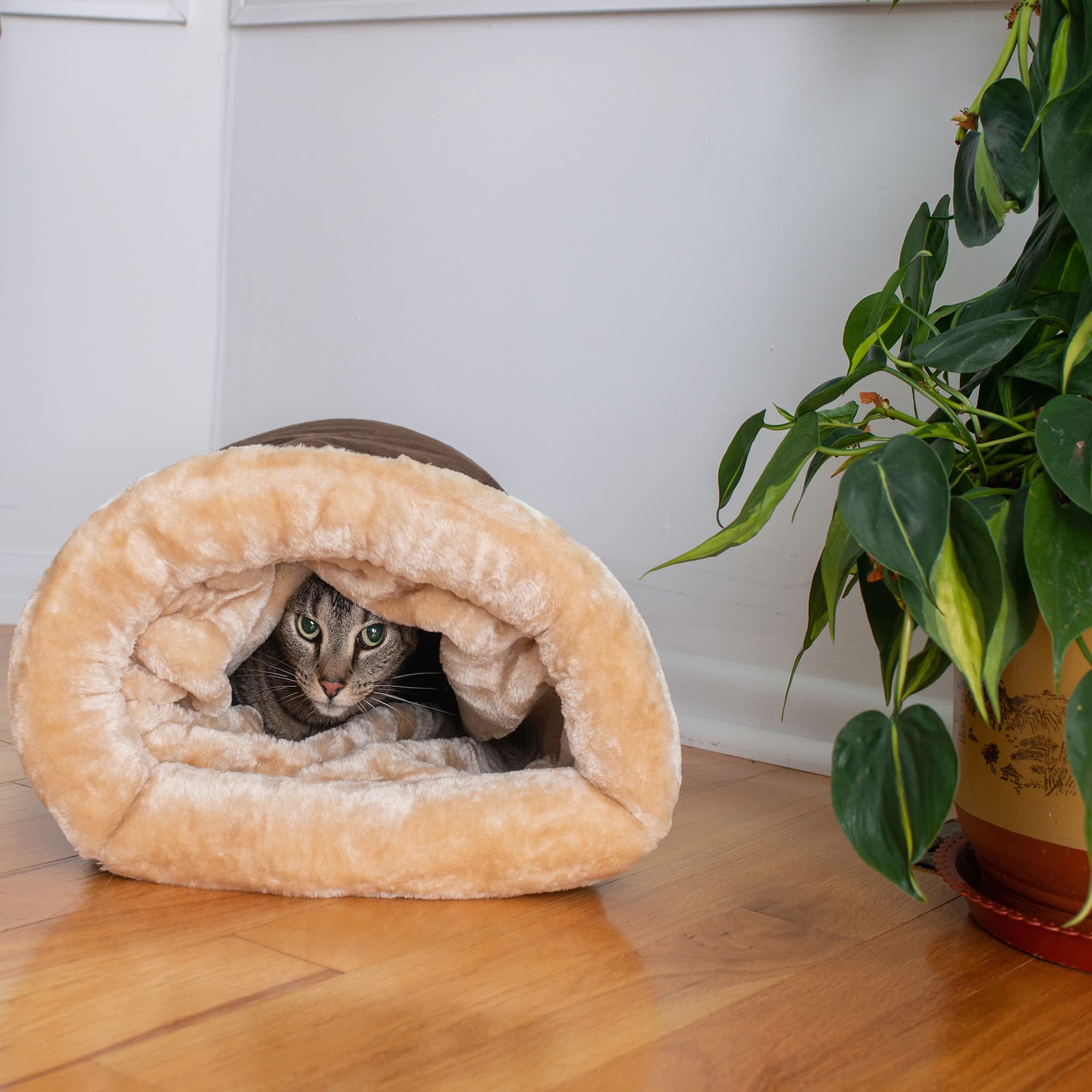 Armarkat Mocha Cat Bed - 22-Inch Faux Fur Burrow Bed for Small Dogs