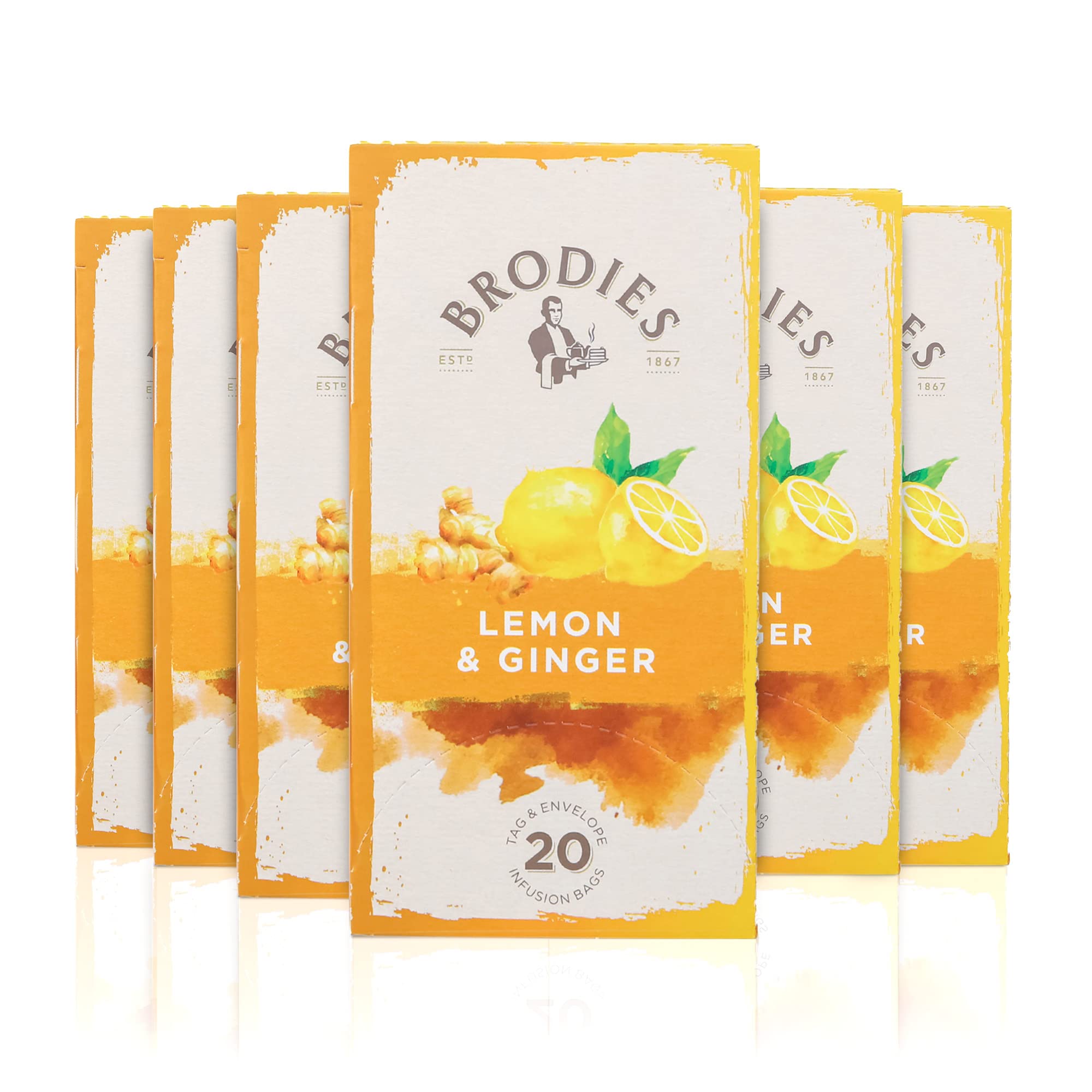 Brodies Lemon & Ginger Herbal Tea – 120 Caffeine Free Tea Bags (6 Pack)