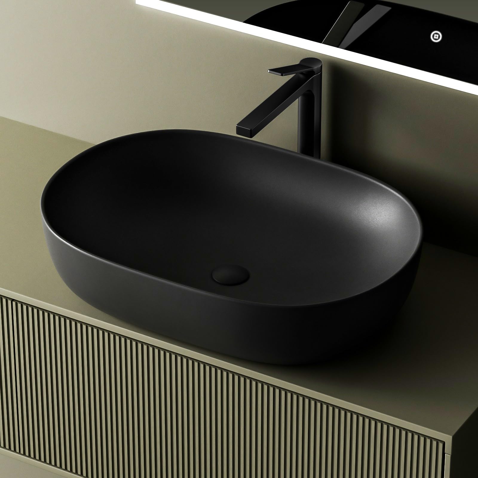 EMKE Oval Countertop Sink – Matte Black Ceramic Bathroom Basin, 60cm