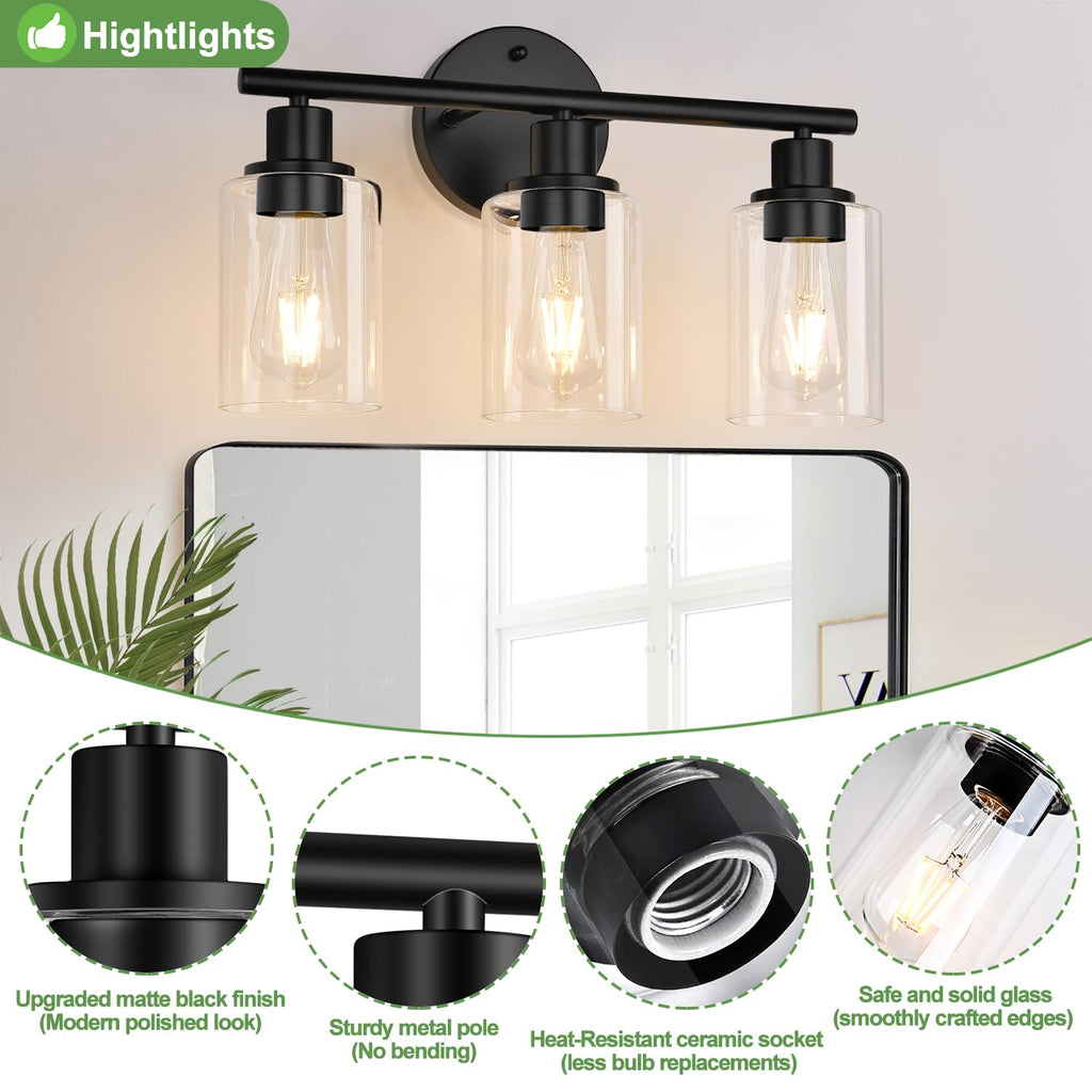 ZASTION 3-Light Black Bathroom Vanity Light with Clear Glass Shade