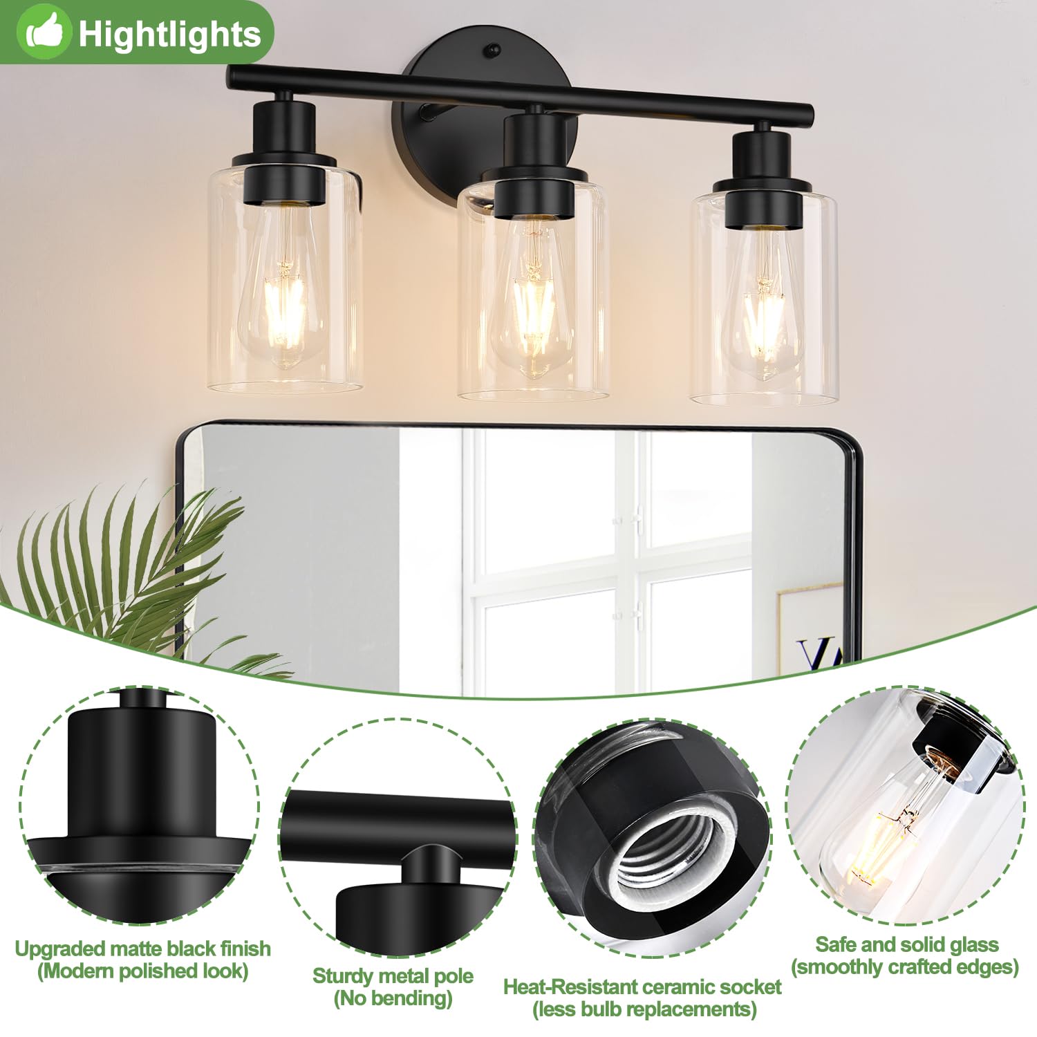 ZASTION 3-Light Black Bathroom Vanity Light with Clear Glass Shade