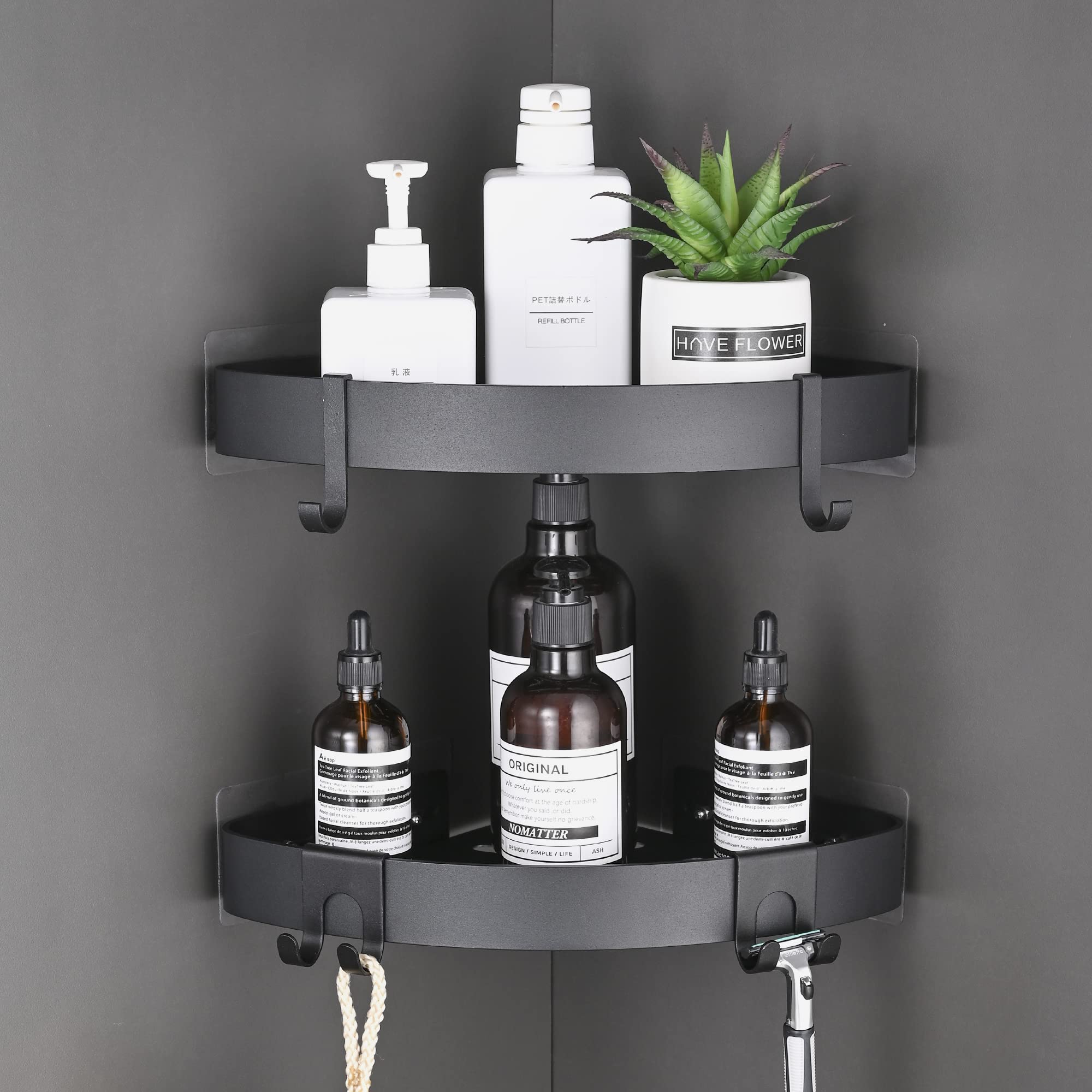TRUSTLIFE Bathroom Corner Shelf – 2 Pack Black Aluminum Adhesive Shower Caddy