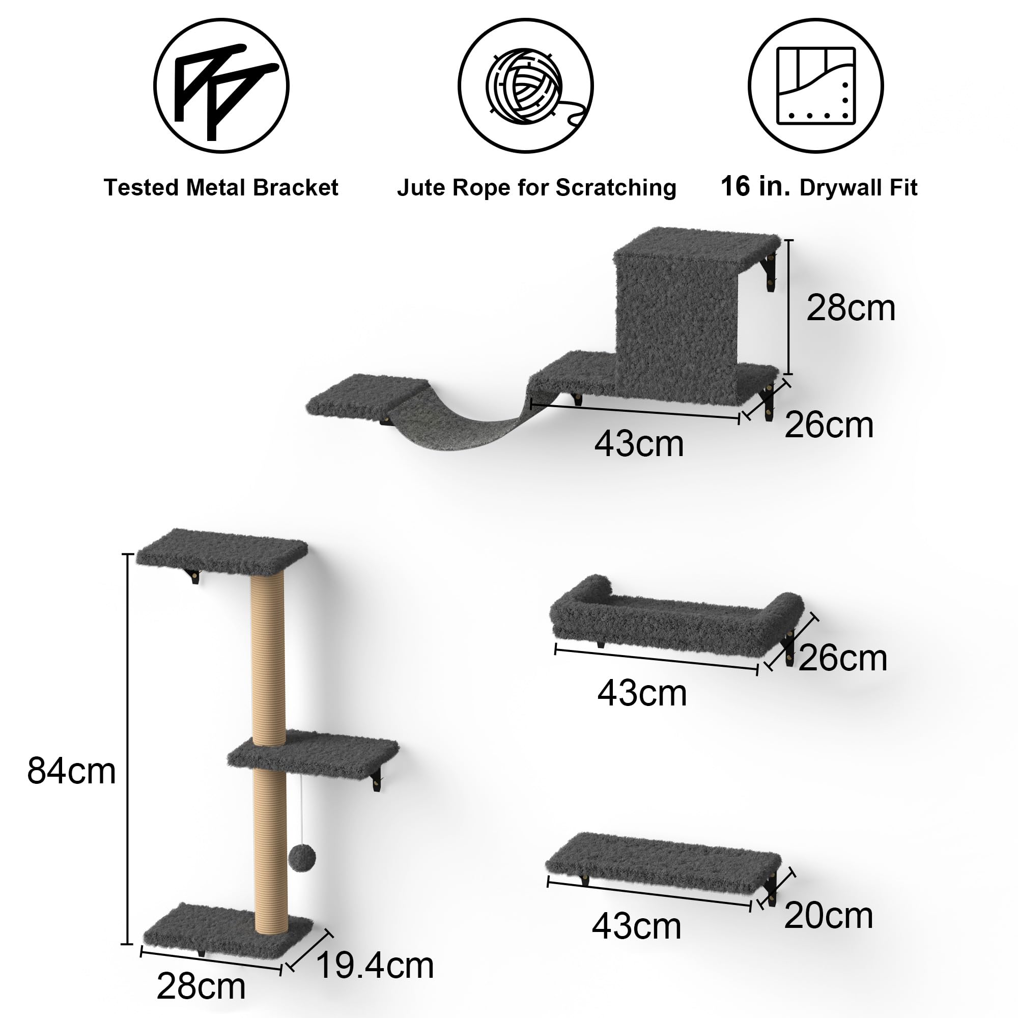 FUKUMARU 4-in-1 Cat Wall Shelves Set - Wooden Climbing Furniture, Gray