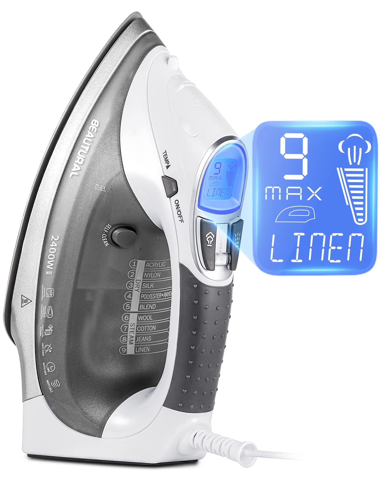Beautural 2400W Steam Iron | LCD Display & Double Ceramic Soleplate