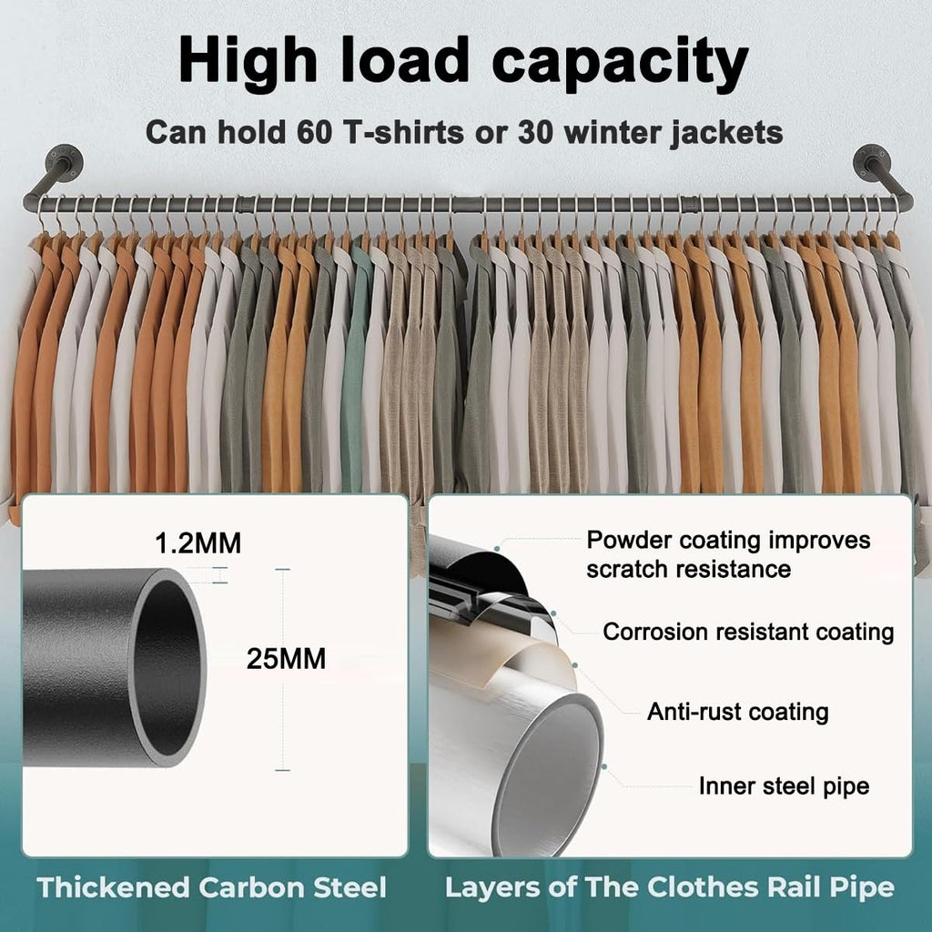 SMILOVII Wall Mounted Clothes Rail, Industrial Clothes Rail Wall Mounted, 92cm Walls Mounted Garment Rail Heavy Duty - image 3
