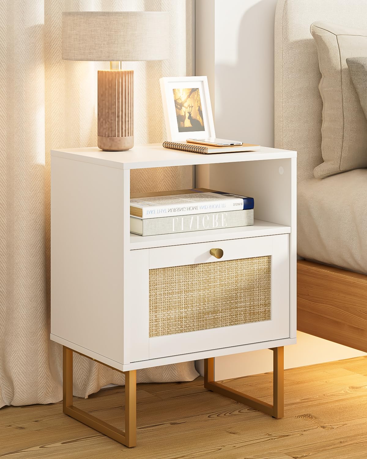 HEYZOEY Boho Rattan Nightstand – Mid-Century Wood Bedside Table with Drawer