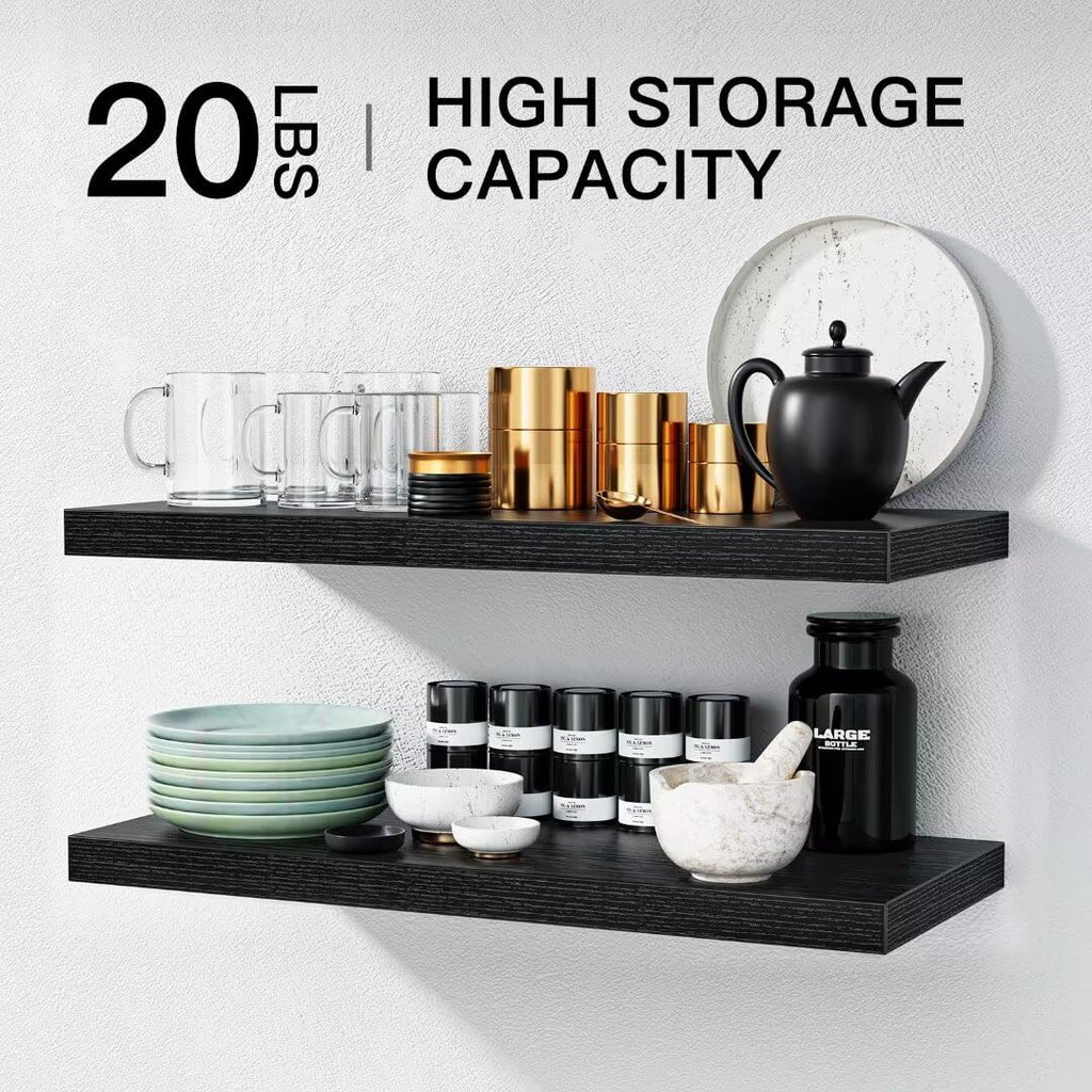 STOREMIC Floating Shelves - Set of 2 Black MDF Wall Shelves, 60cm