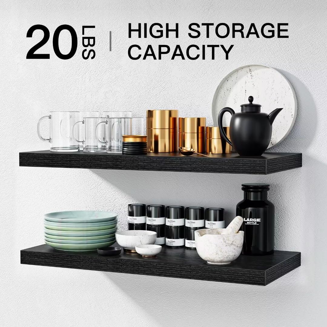 STOREMIC Floating Shelves - Set of 2 Black MDF Wall Shelves, 60cm