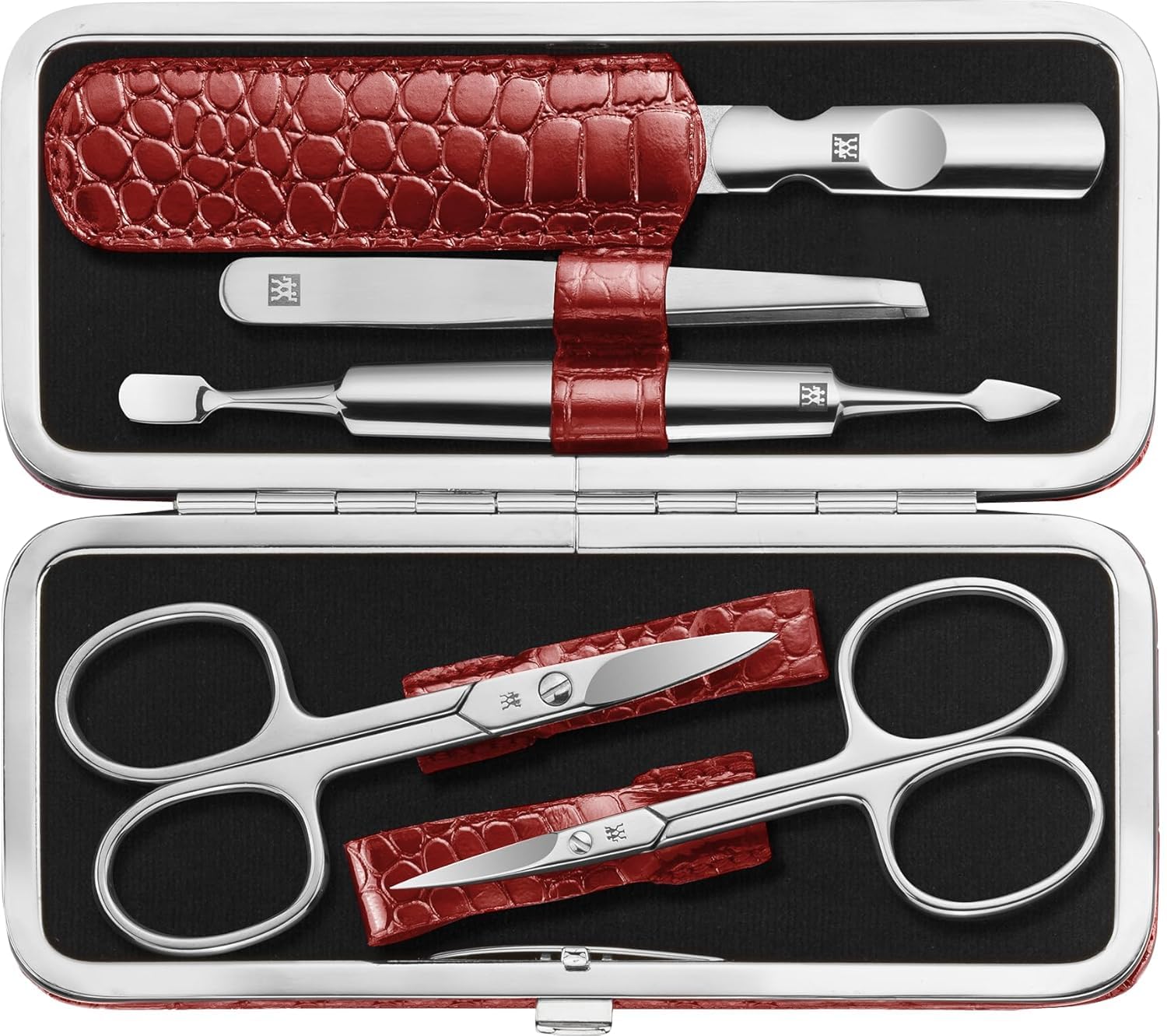 ZWILLING 5-Piece Manicure Set | Red Crocodile Leather Travel Case