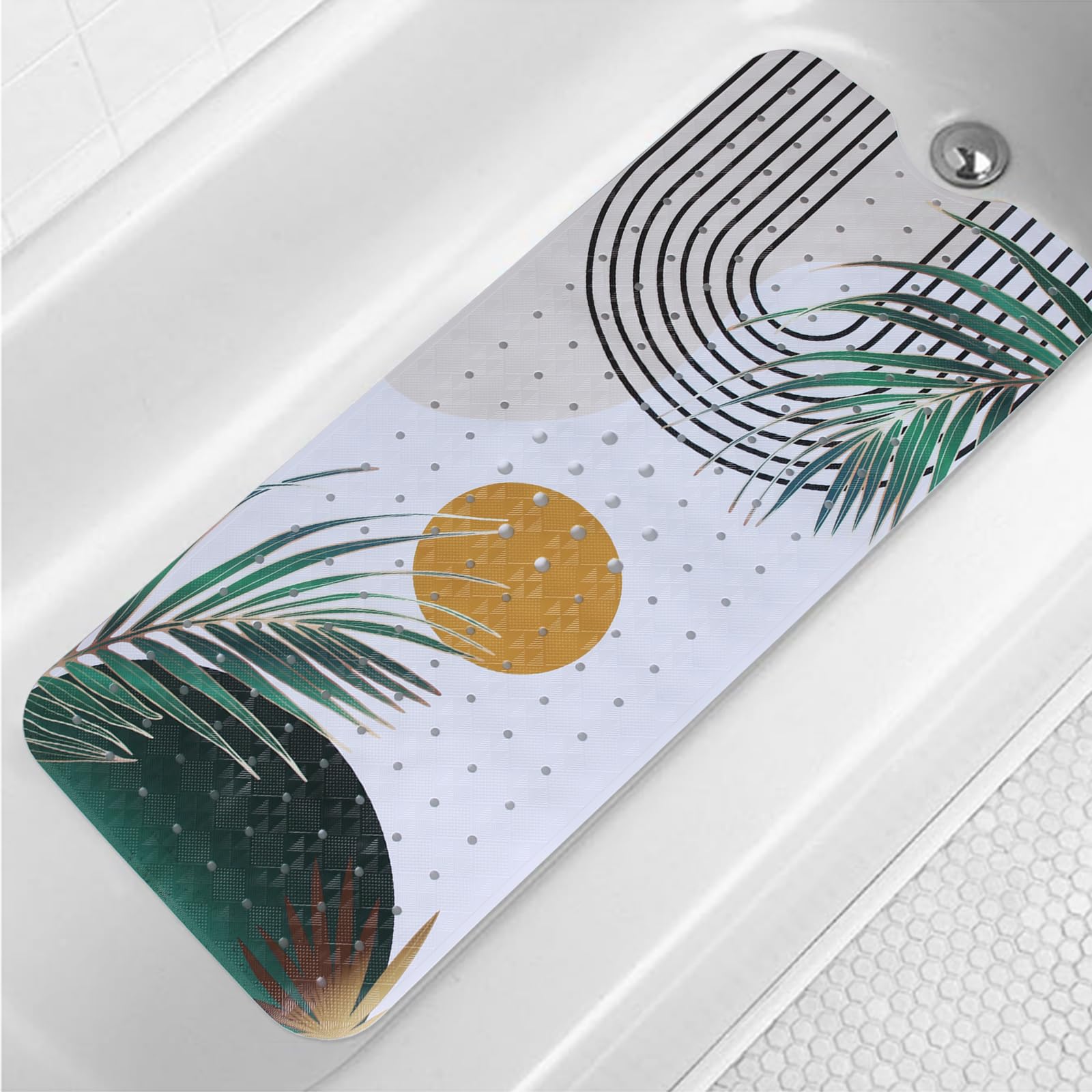Jolof Store Boho Palm Leaf Bathtub Mat – Non-Slip Extra Long PVC 40x16in