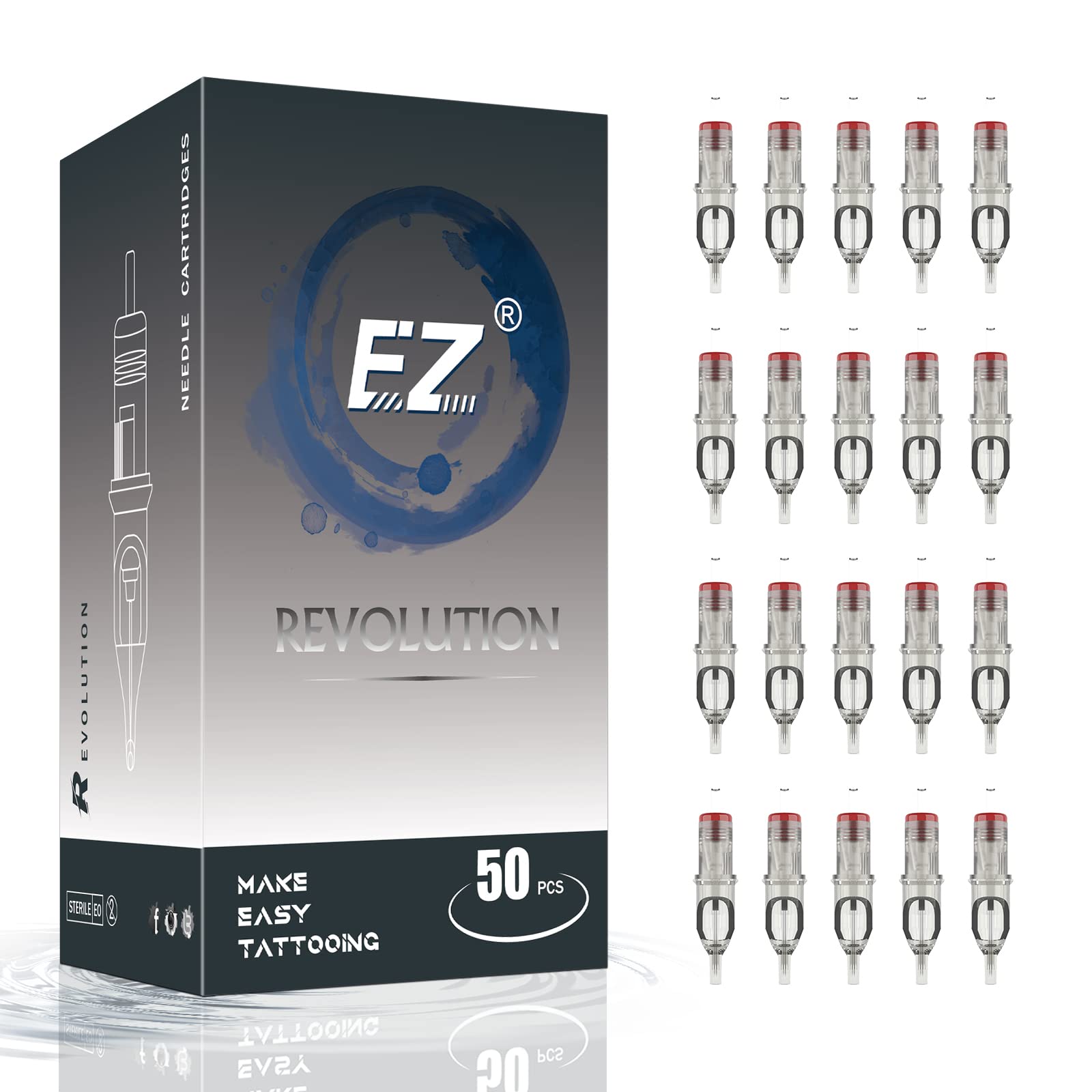 EZ Revolution Tattoo Cartridge Needles - 50Pcs Mixed Round Magnum #12
