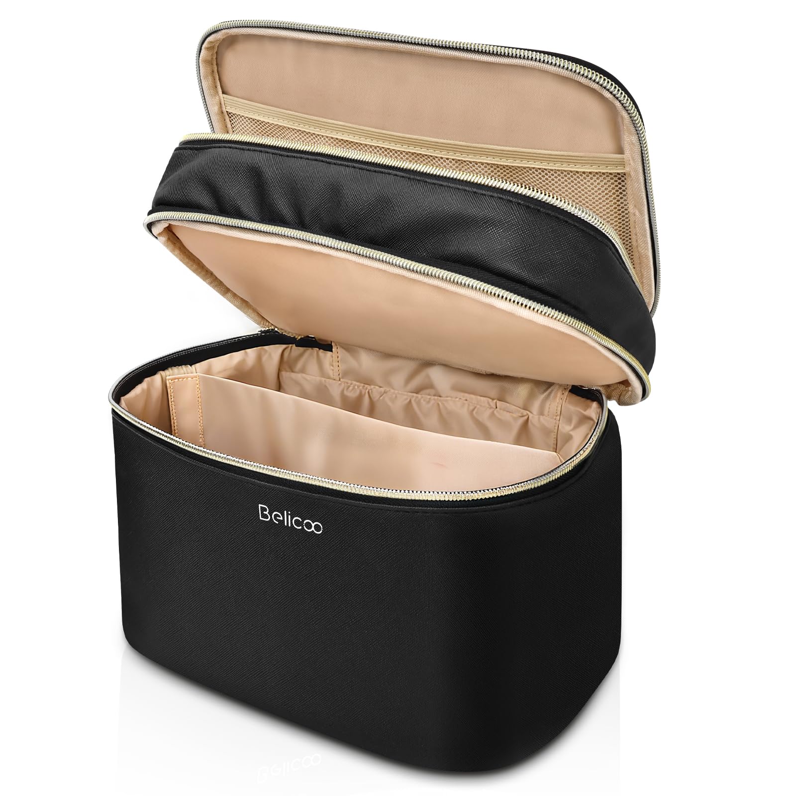 BELICOO Large Double-Layer Travel Makeup Bag with Mirror | Black PU Leather