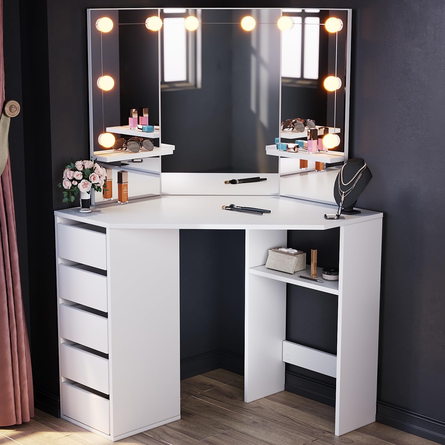 ELEGANT Corner Dressing Table with Hollywood LED Mirror & 5 Drawers - White