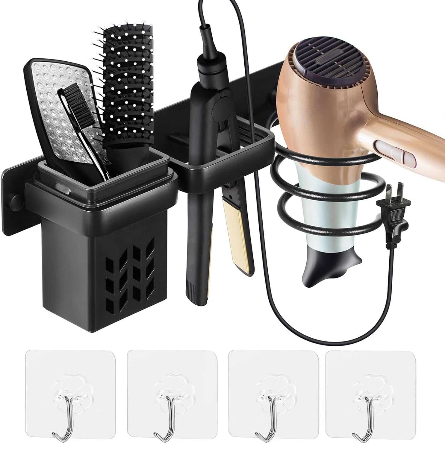 BURNTOP Hair Dryer Holder Wall Mounted - 3-in-1 Aluminum Hair Tool Organizer