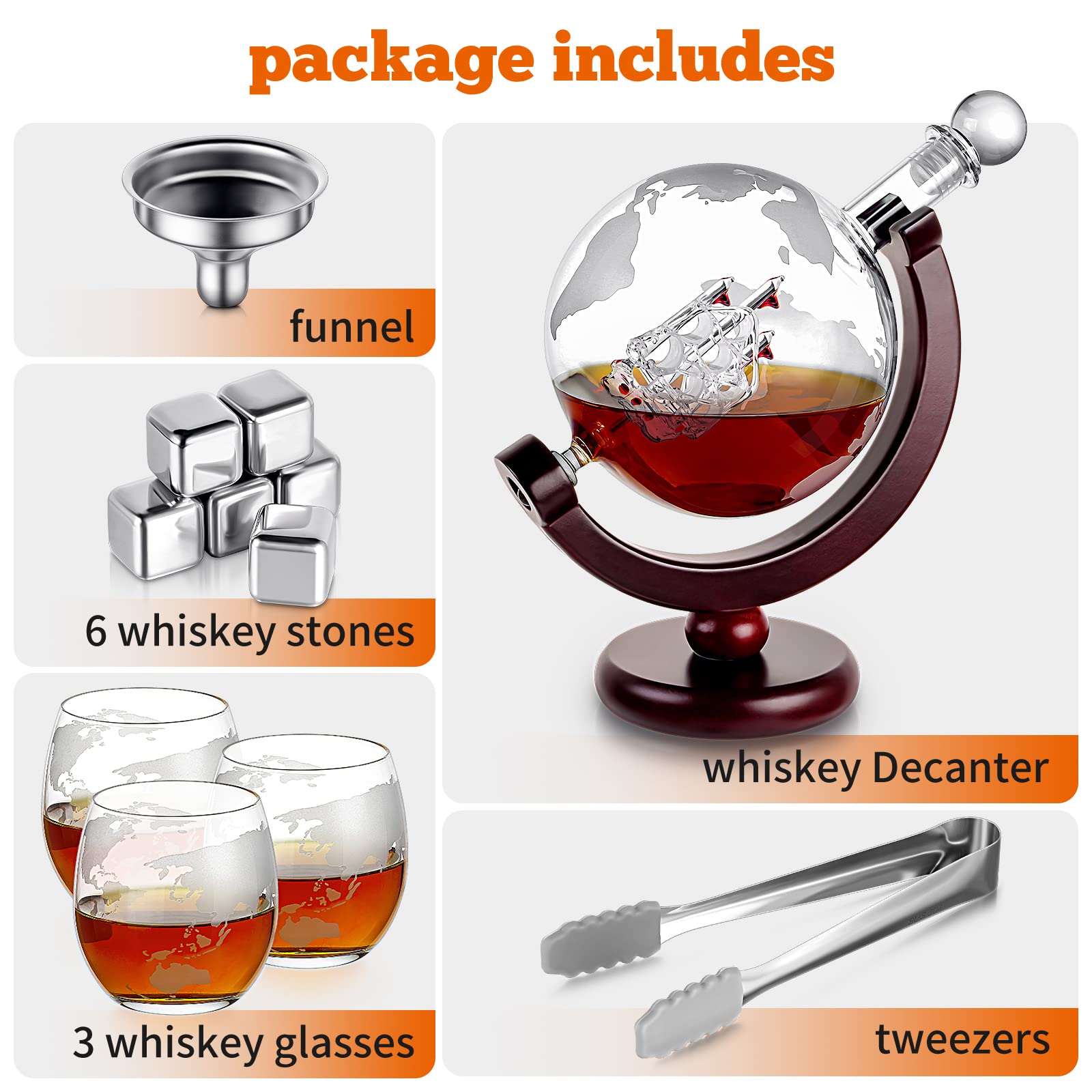 Jolof Store Globe Whiskey Decanter Set with 3 Glasses and 6 Stones