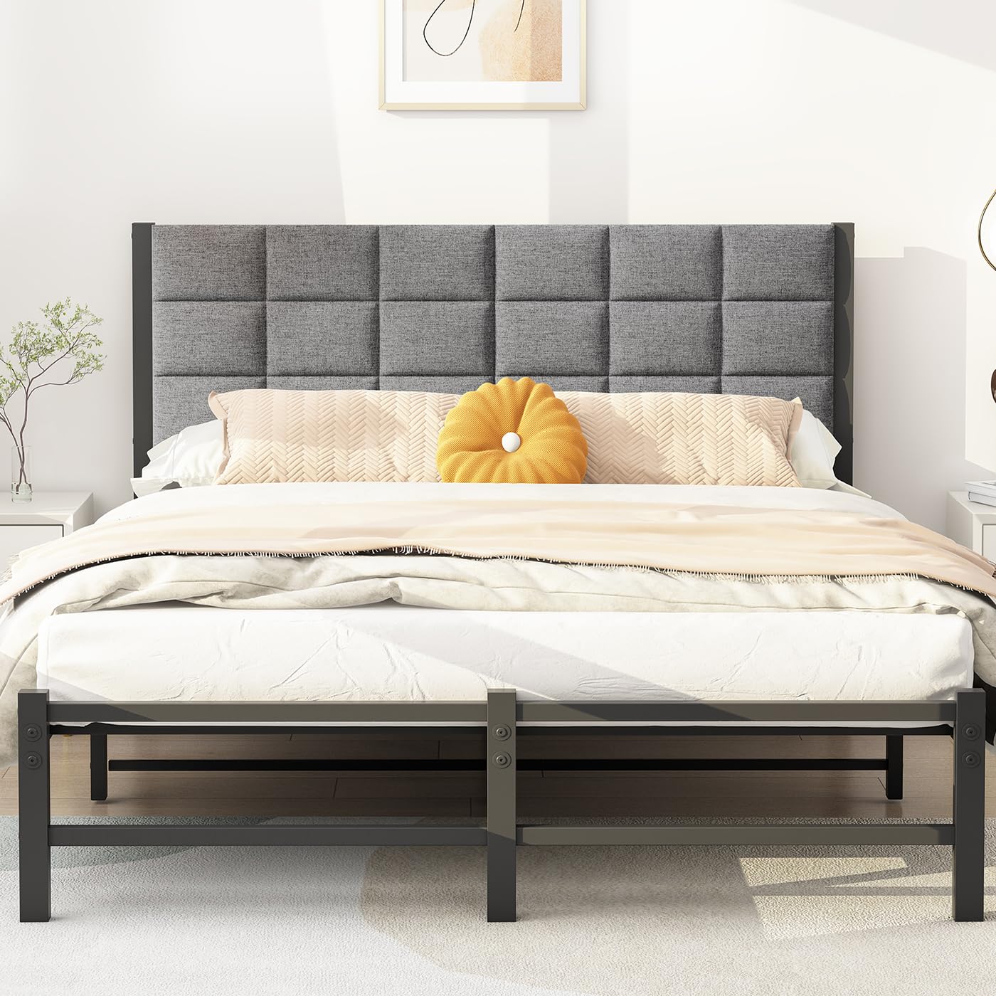 JUISSANO King Size Upholstered Platform Bed Frame with Metal Slats