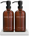 Brighter Barns Amber Glass Hand and Dish Soap Dispenser Set with Tray