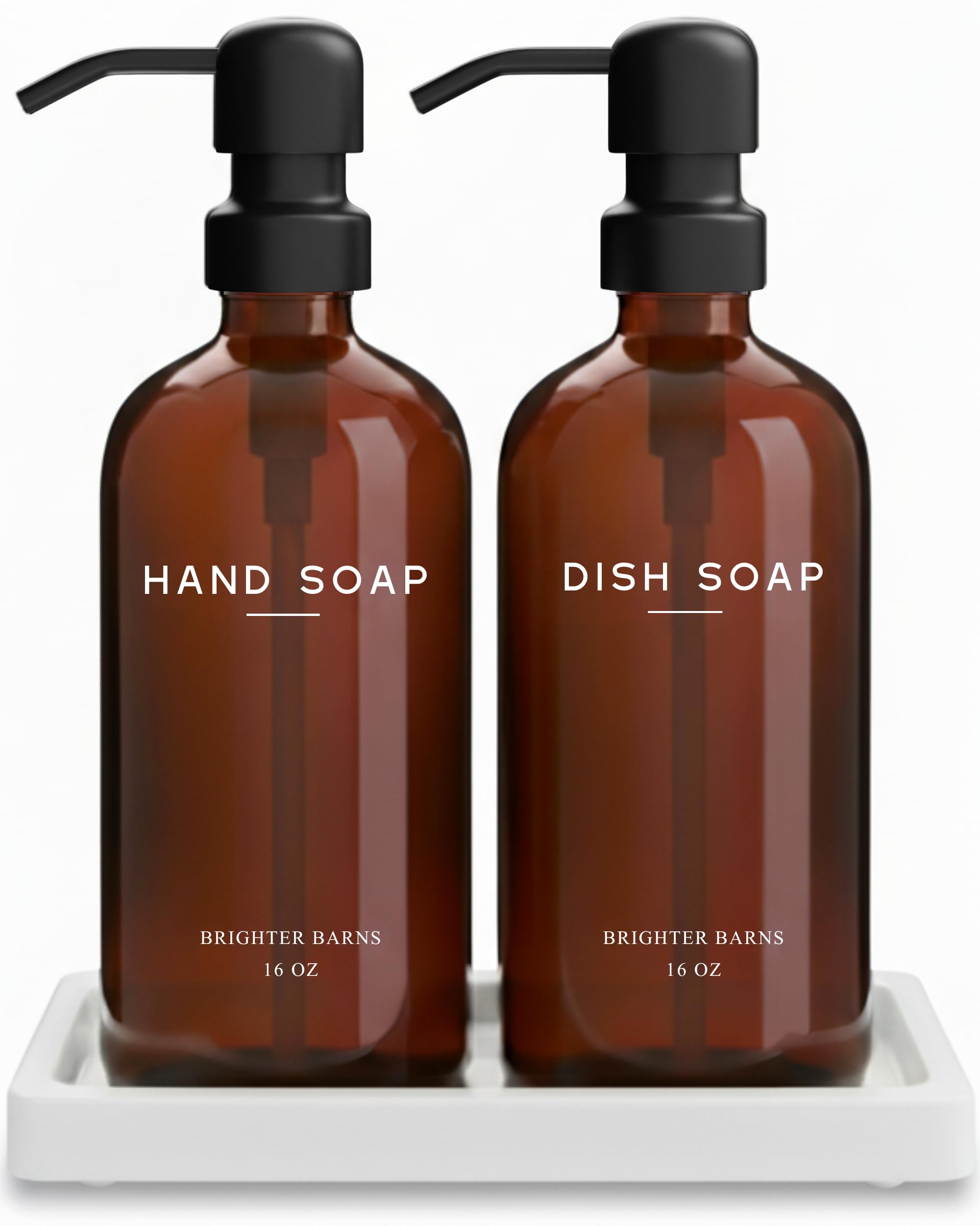 Brighter Barns Amber Glass Hand and Dish Soap Dispenser Set with Tray