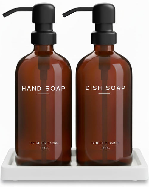Brighter Barns Amber Glass Hand and Dish Soap Dispenser Set with Tray