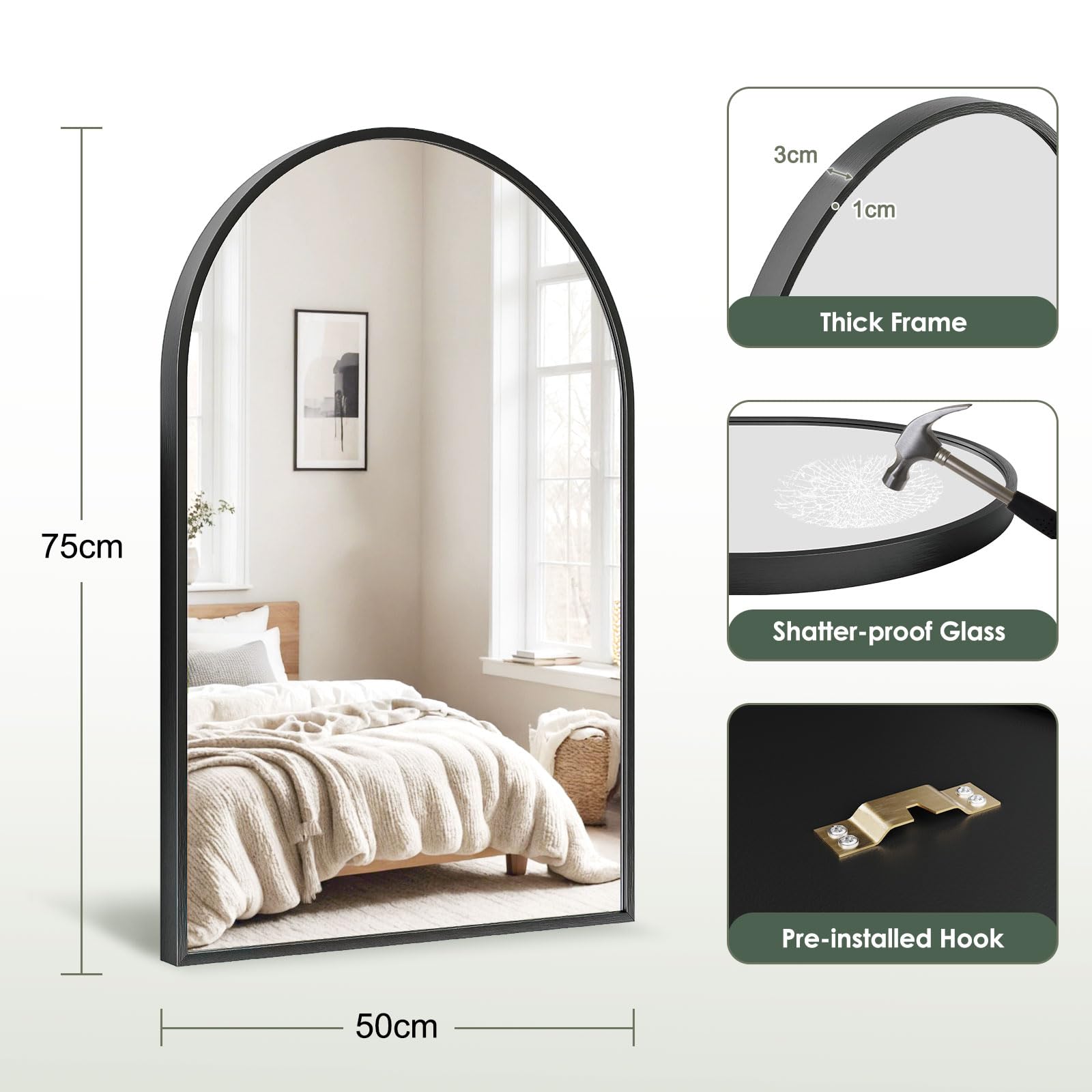 Dripex Arched Wall Mirror – 50x75cm Black Aluminum Frame for Bathroom