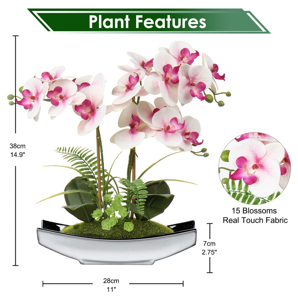 Briful 15" Artificial Phalaenopsis Orchid Bonsai in Silver Pot – Silk Flowers