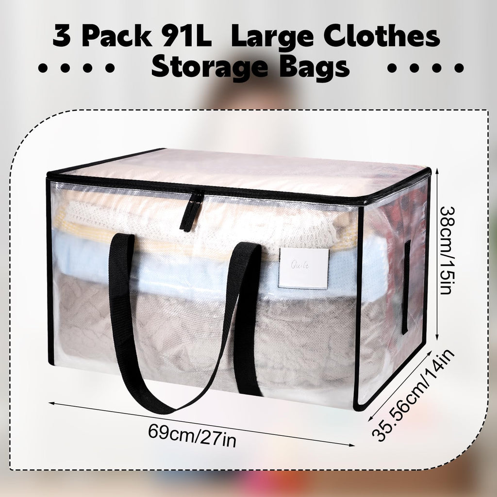Yafe 3 Pack Large Clothes Storage Bags with Lids, 91L Clear Moving Boxes - image 2