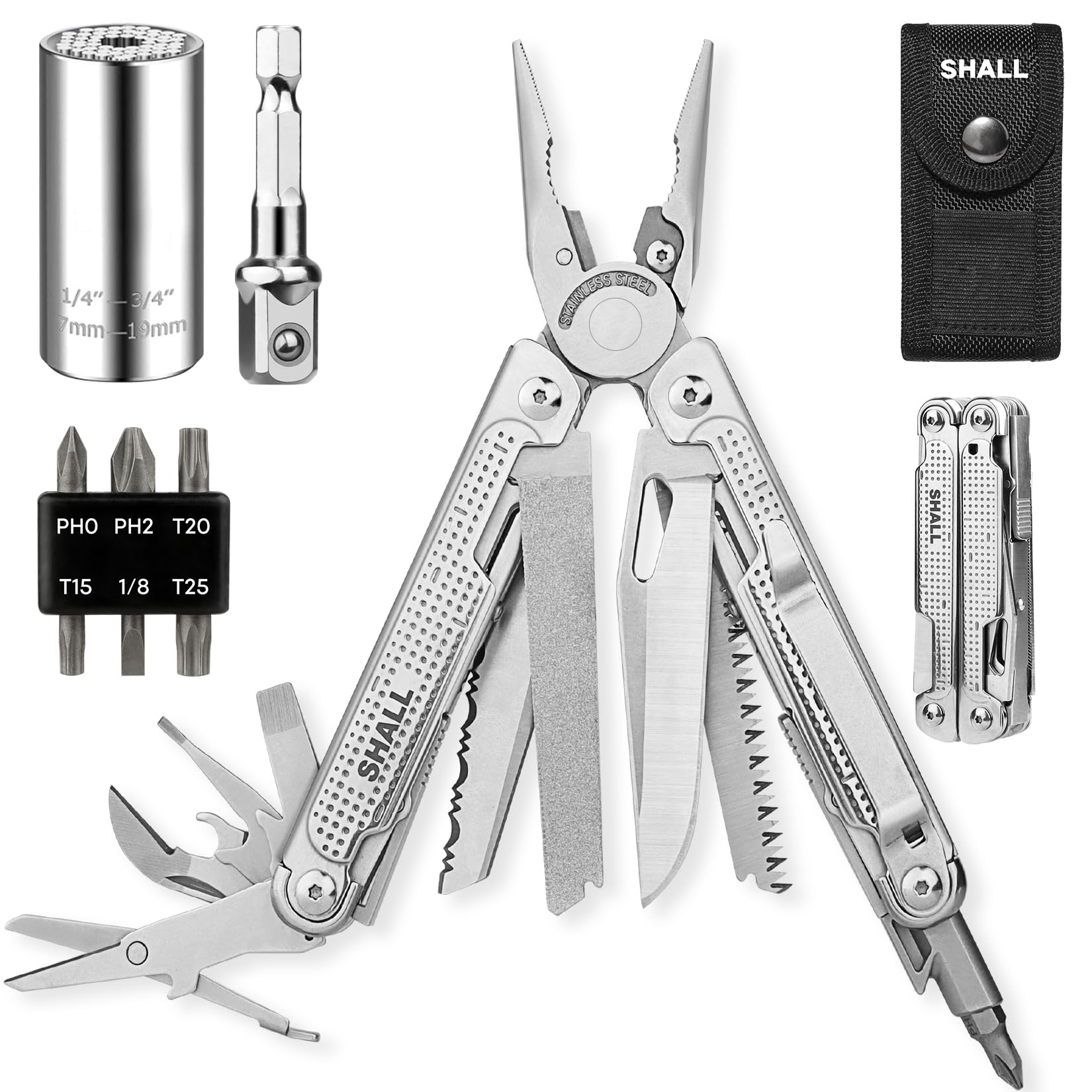 SHALL 18-in-1 Multitool Pliers with Universal Socket & Sheath