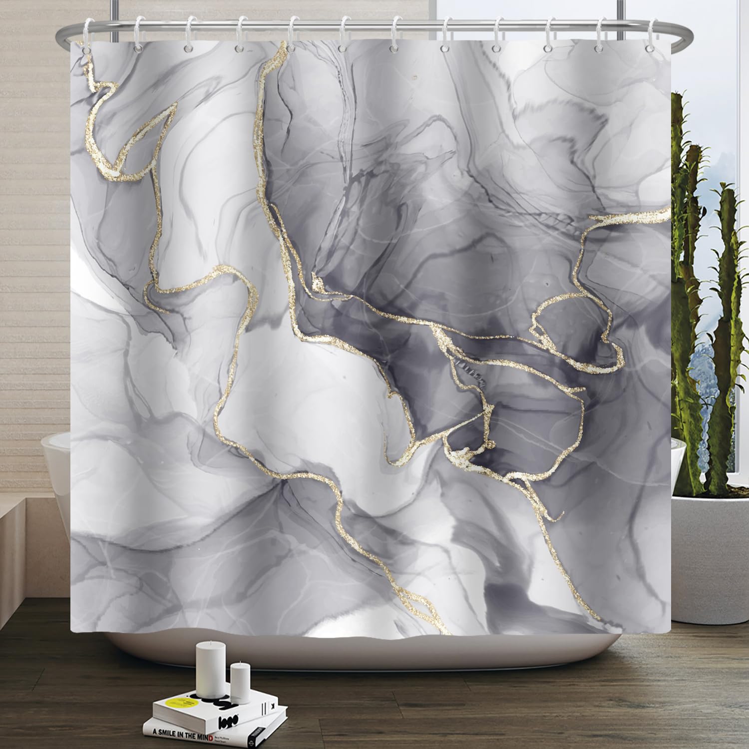 Jolof Store Grey Marble Shower Curtain – Waterproof Polyester 178x183cm
