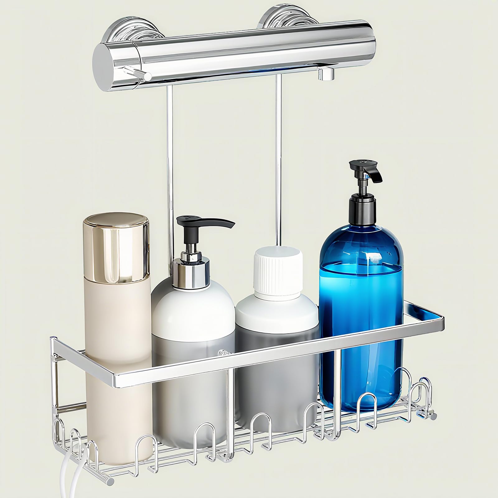 RUIHANDA Hanging Shower Caddy – No-Drill Shelf with 12 Hooks, Silver