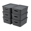 Bringer 6 Pack Plastic Woven Storage Basket with Lid, Stackable Lidded Storage Bins for Bathroom Kitchen Pantry Classroom, Grey