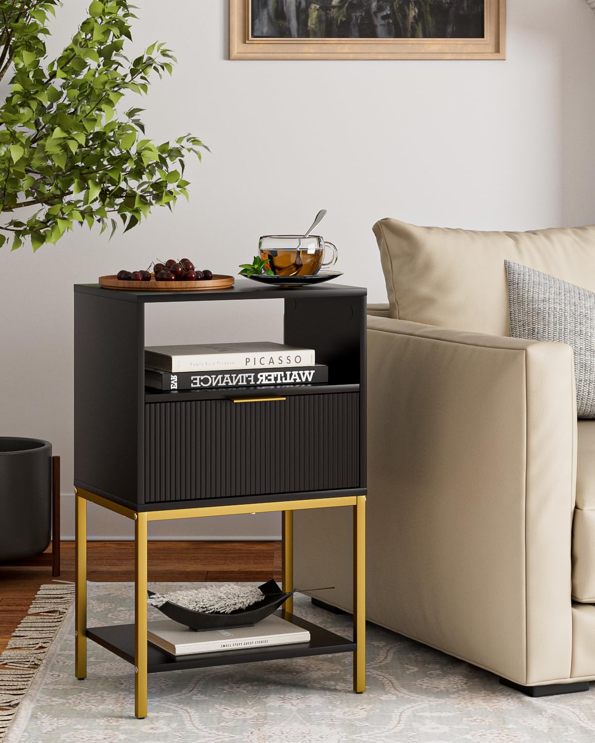 HEYZOEY Modern Fluted Bedside Table – Black & Gold 3-Tier Nightstand