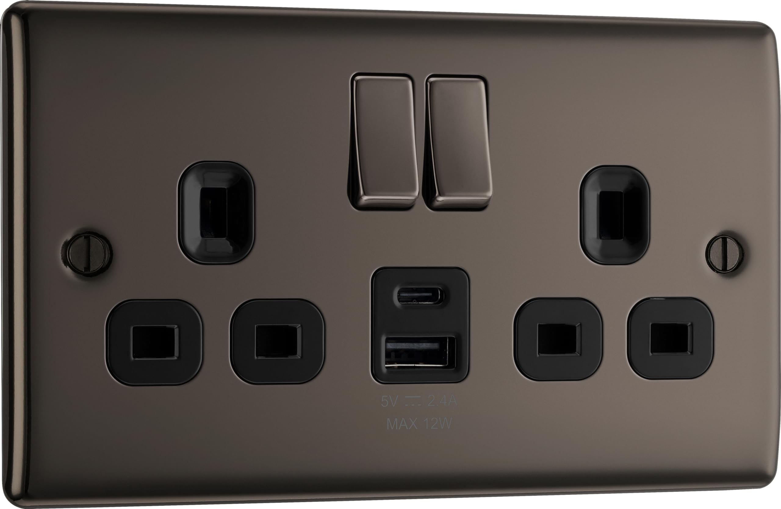 BG Electrical Double Switched Socket with USB A & C - Black Nickel