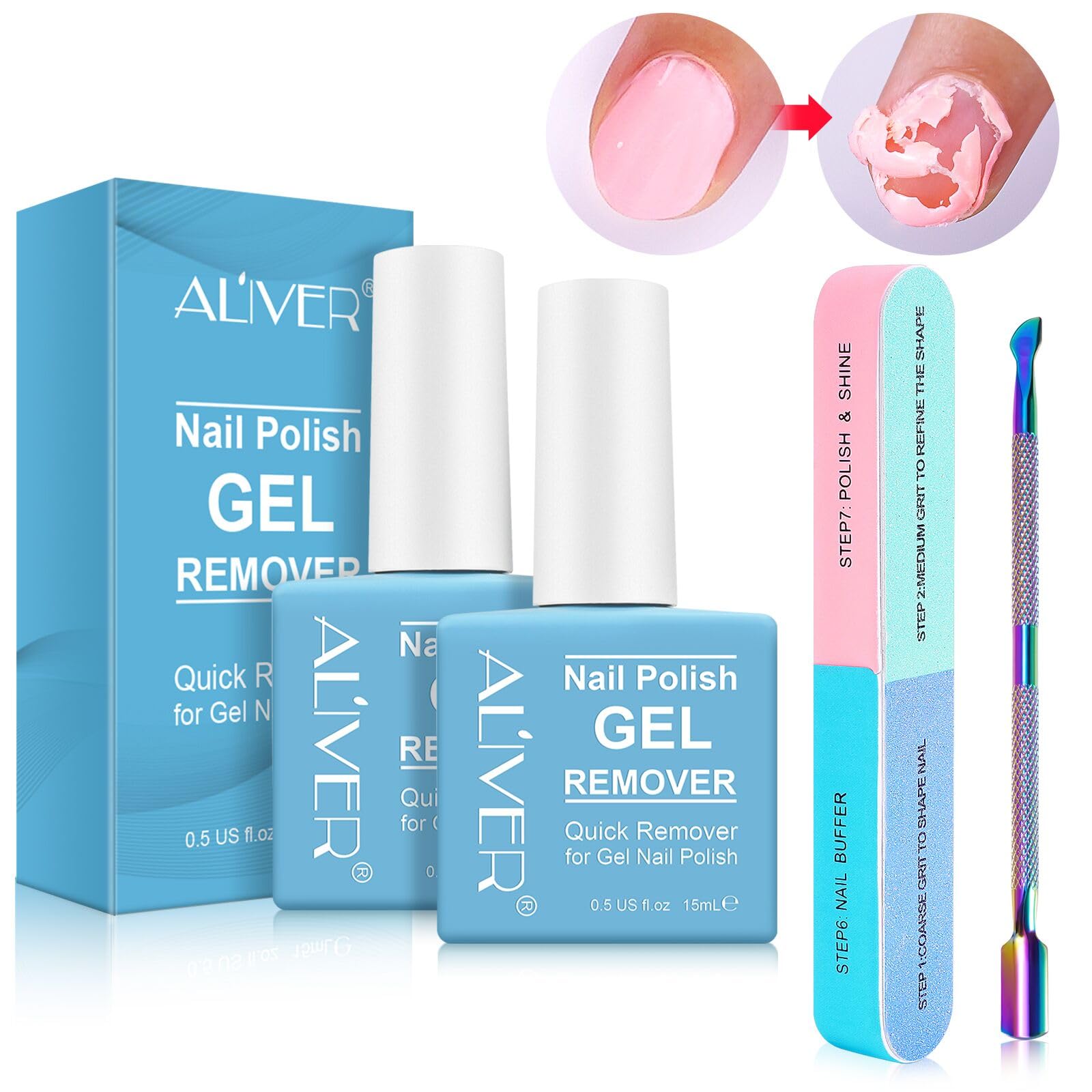 Aliver Gel Nail Polish Remover Kit – 2 Pack with Scraper & Cuticle Pusher