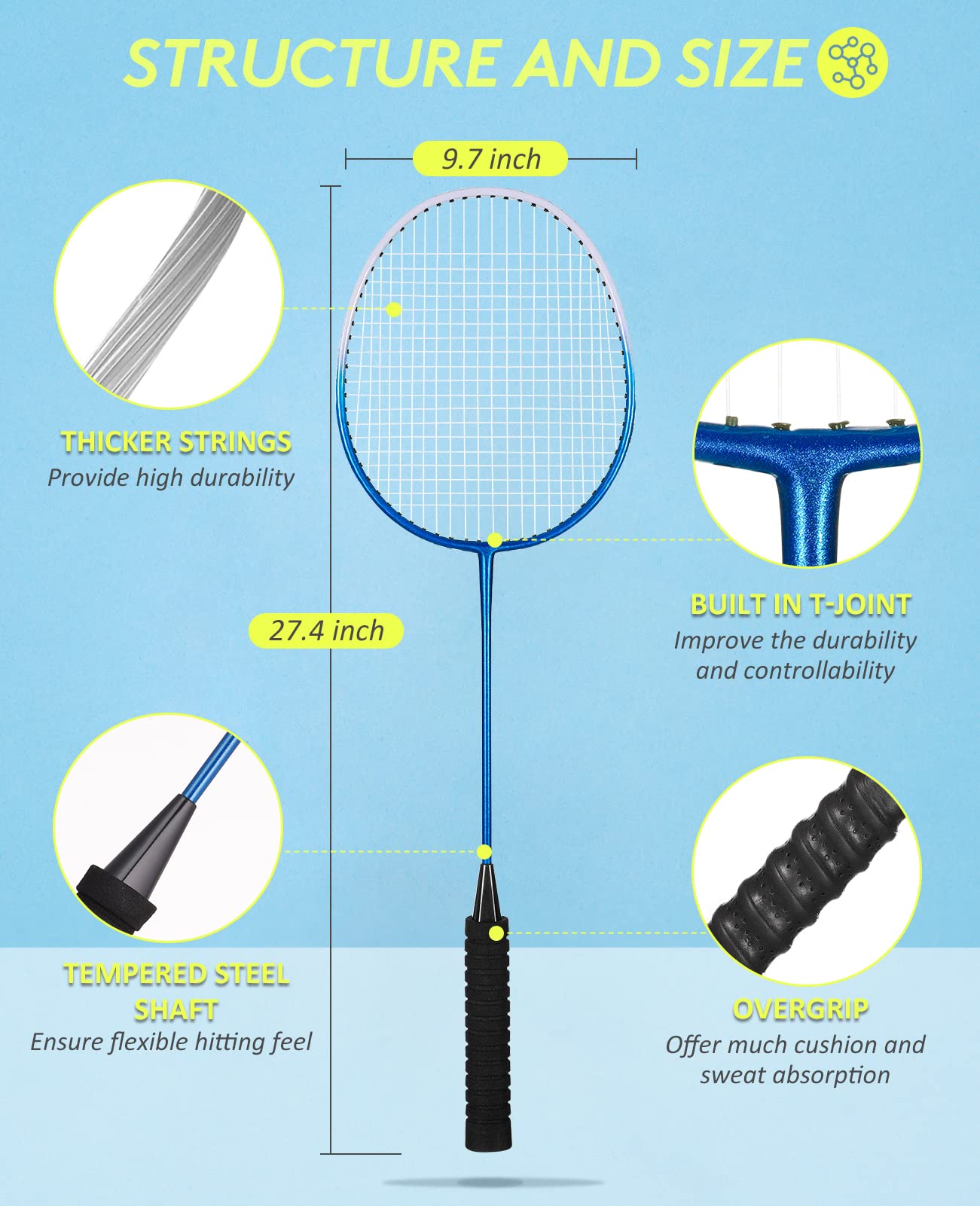 HIRALIY Badminton Rackets Set of 4 – Steel Racquets with 12 Shuttlecocks